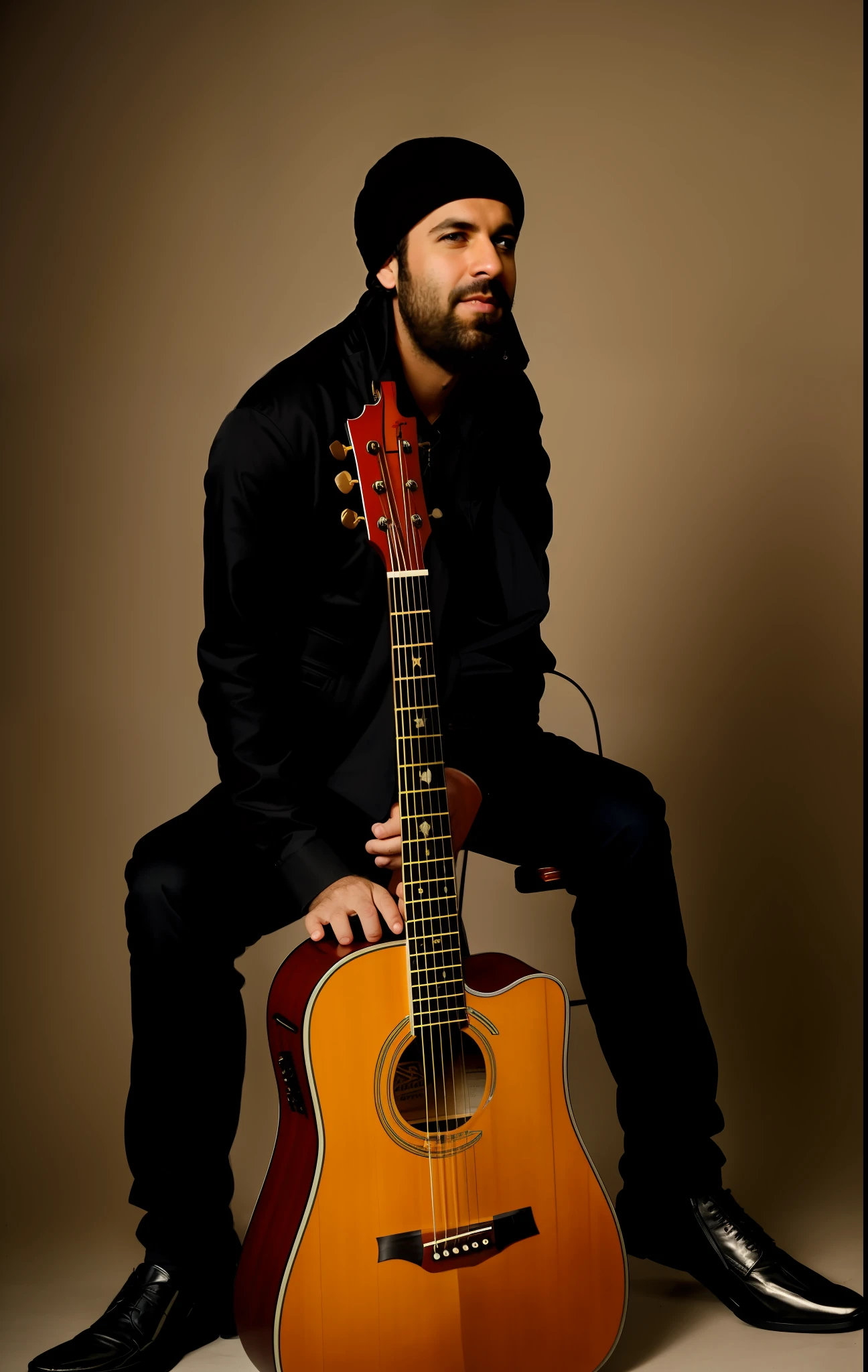 arafed man sitting on a chair with a guitar in his lap, photo from a promo shoot, promotional photo, promotional shot, promotional picture, promo shoot, the guitar player, johnny silverhand, michael vicente, playing guitar onstage, photo shoot, promo photo, jonathan winterhart, jony ives, inspired by Jesse Richards, guitarist, 2021