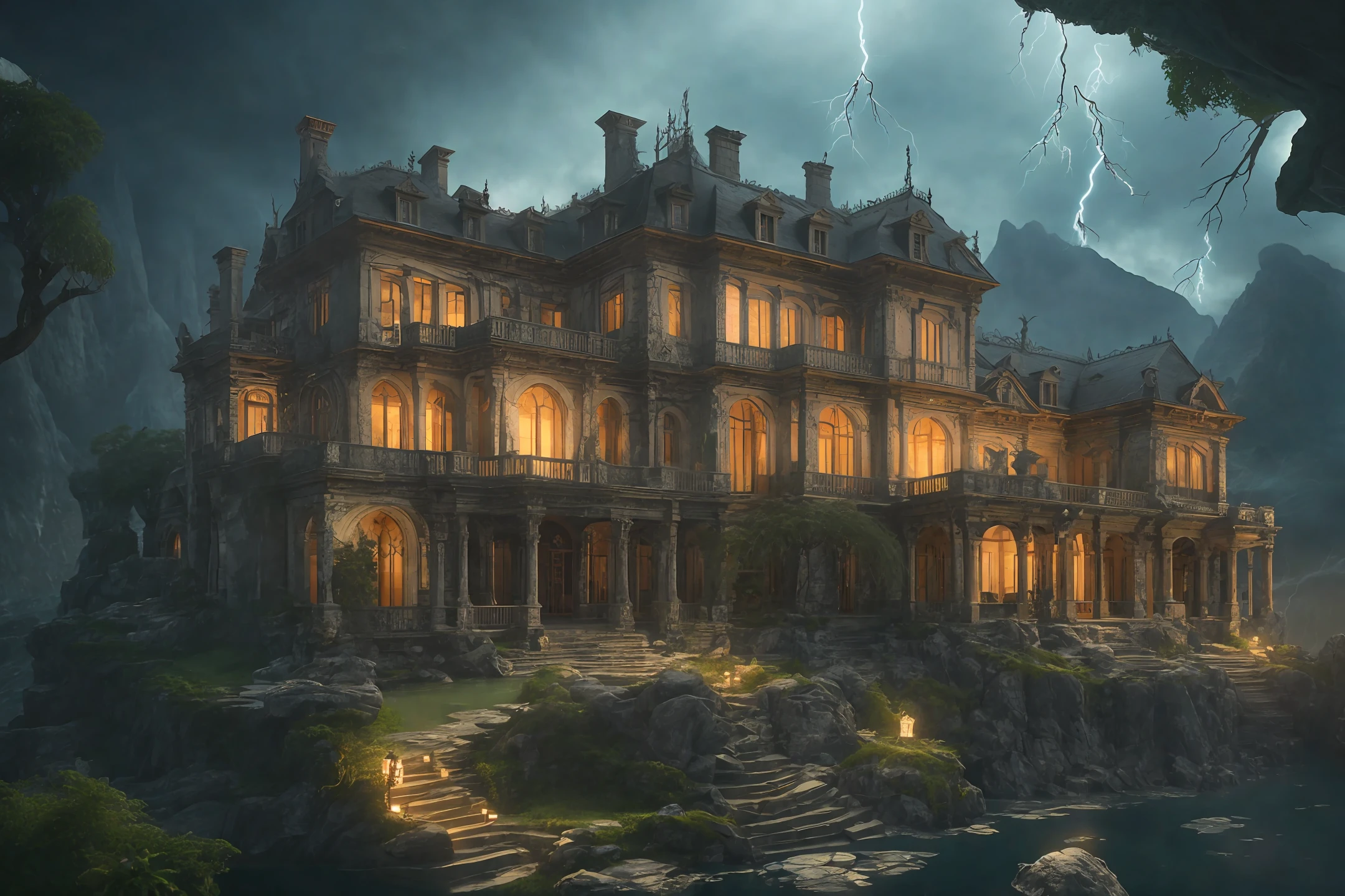 A very old mansion set in a mountain like a highly detailed lightning storm dark with many bats around intricate details photorealistic 85-mm-lens dramatic dynamic octane render global illumination ray tracing 8k unreal engine 5.1 by Leonardo Diffusion