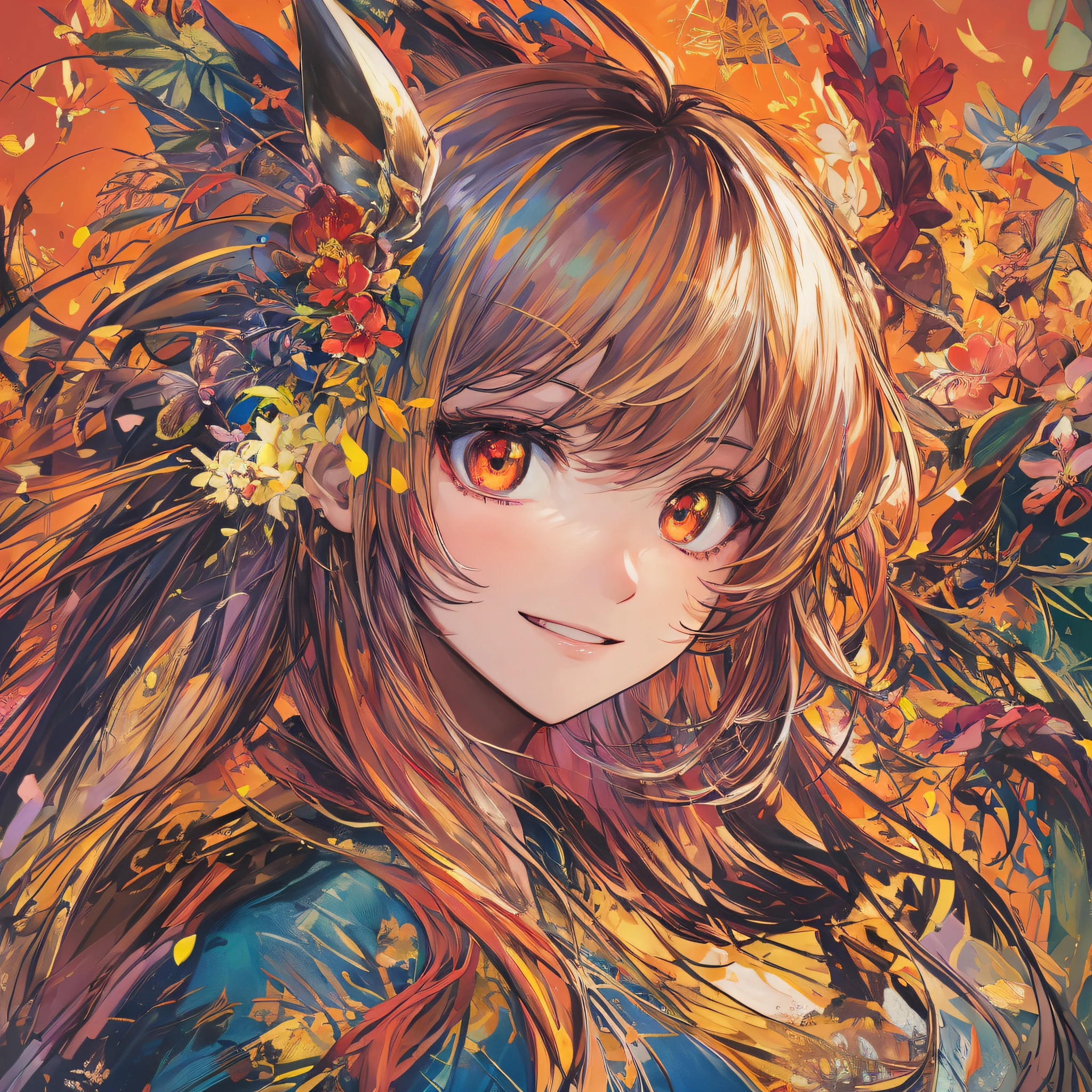 masterpiece, best quality, {best quality}, {{masterpiece}}, {highres}, focus, anime style, a closeup of a cartoon of a woman, 1girl, girl design, portrait, giesha, anime image, colored hair, polished and powerful look, exotic, happy, cheerful, flowers, orchids, 2d, art, art, drawing, drawing, colorful background, flying petals, petals, orange sky, smiling, exotic --auto --s2