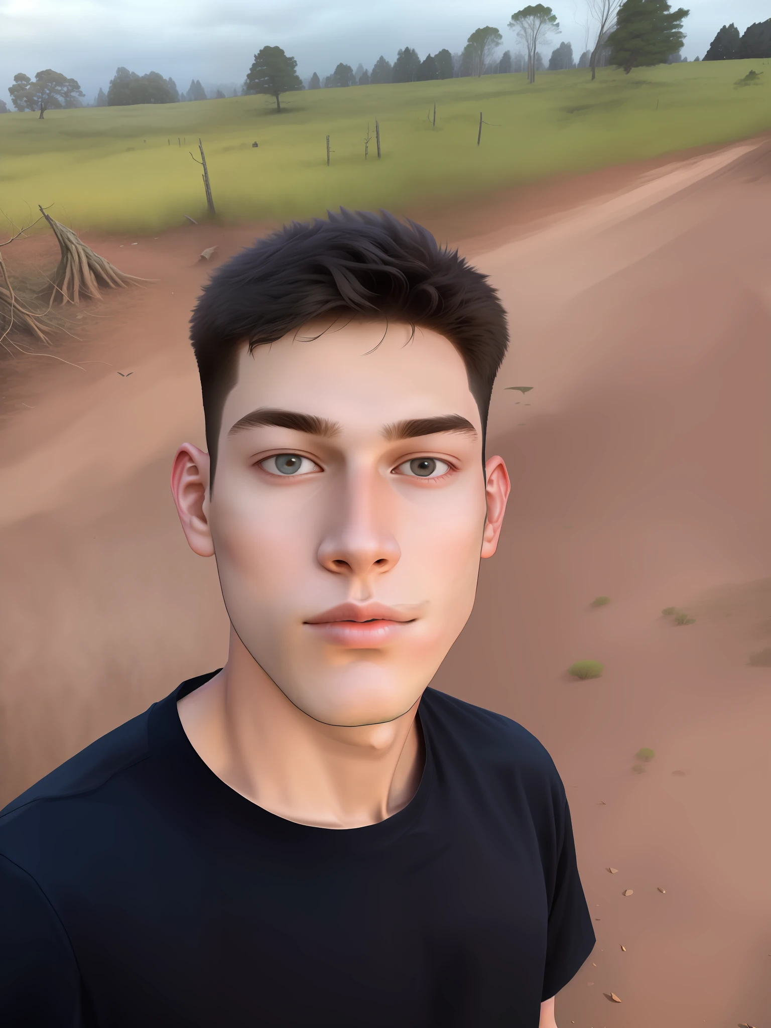 19-year-old man, the photo shows his body, the background is a dark forest and he is exploring