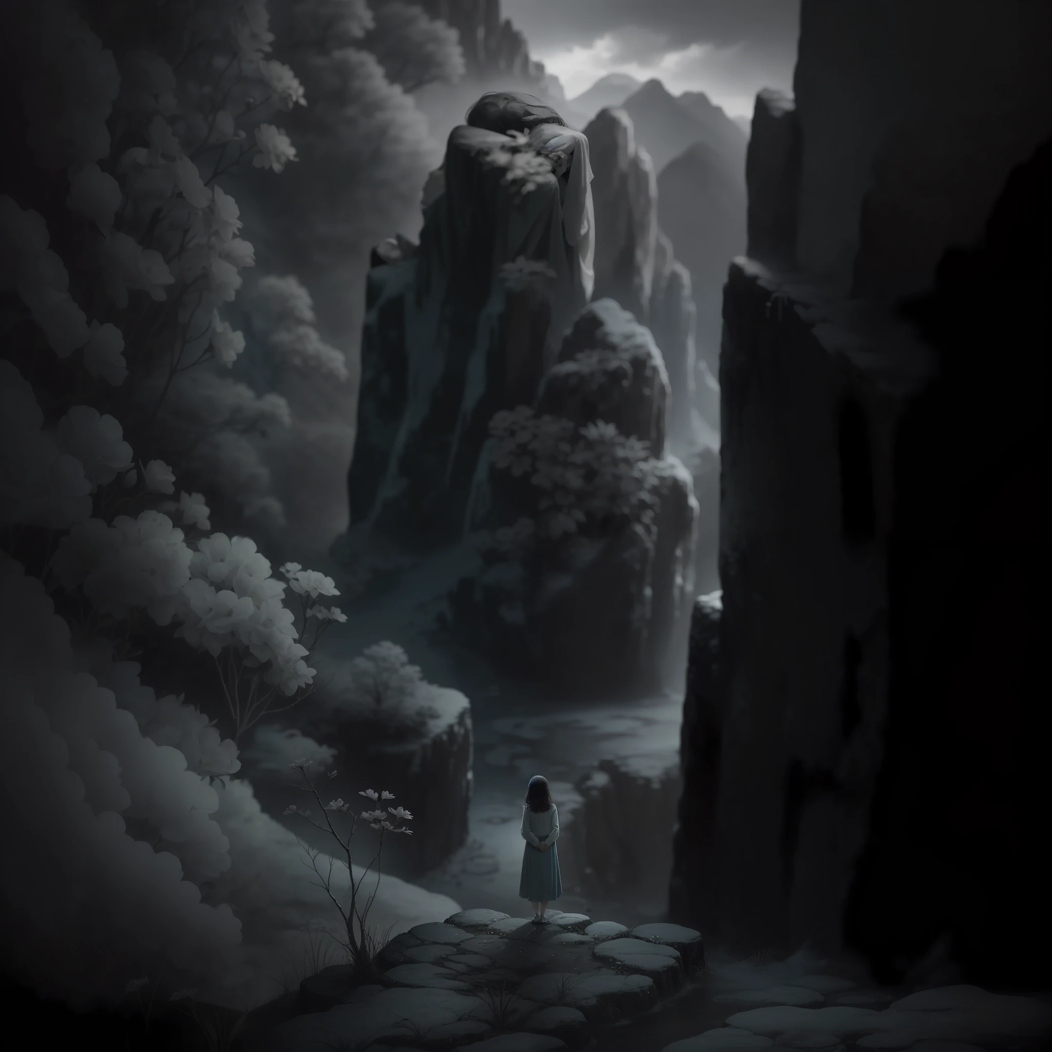 One photograph shows a person in a picturesque and secluded setting. She is standing on a mountainside, surrounded by stunning scenery but devoid of human presence. One embraces one's own loneliness in a symbolic way, with one's arms outstretched as if one were embracing one's own air. Her face displays an intense expression of passion and serenity as she finds joy and wholeness in her own company. However, a melancholic look in the eyes reveals the sadness that comes from the lack of affection and emotional connections. Loneliness is portrayed as an inseparable part of this person, who finds solace in their own existence but also feels the lack of meaningful interactions and sharing moments with others.