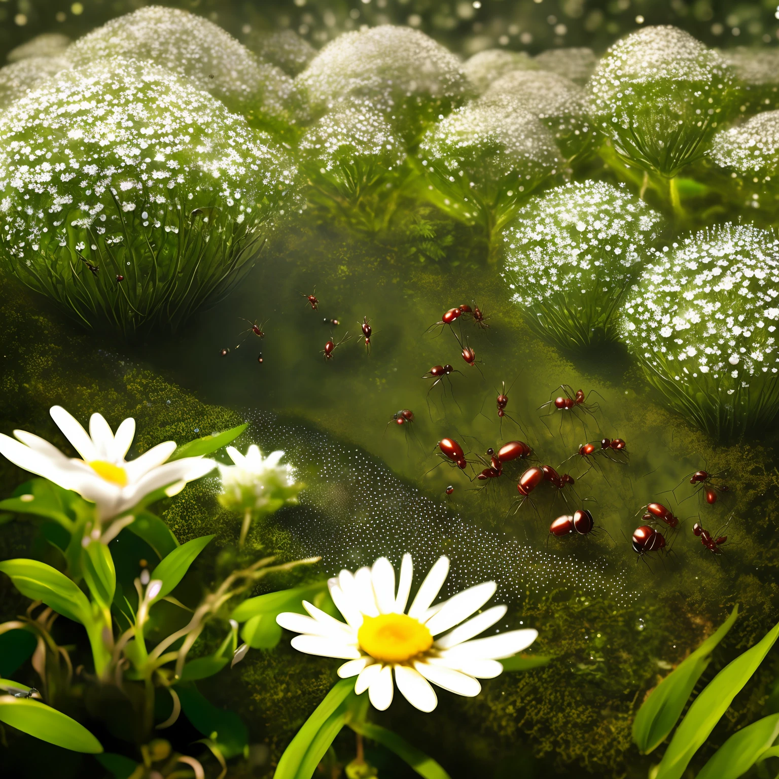 Ants, forests, trees, sun, dewdrops, dirt, flowers