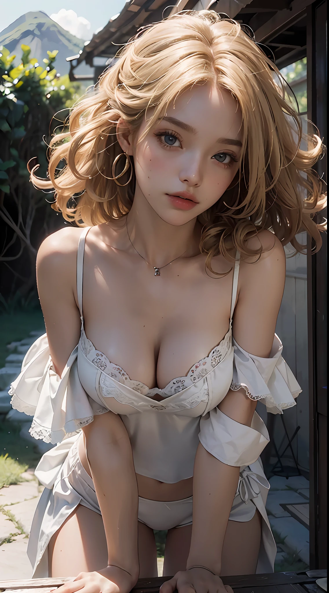 Best quality, masterpiece, ultra high resolution, (photorealistic: 1.4), sexy photo, 1girl curly blonde hair, sexy mouth, white panties with laces,large breasts, open clothing with neckline, off shoulder, cinematic lighting,(Best quality, 8k, 32k, masterpiece, UHD: 1.2), photo of beautiful american woman, long matted blonde hair, beauty face, (leaning forward: 1.3), squat,  (top: 1.2), (close up: 1.4), POV, loose t-shirt with neckline, large breasts, (beautiful nipple slip: 0.9), outdoors, windy, shiny skin, blurry background,