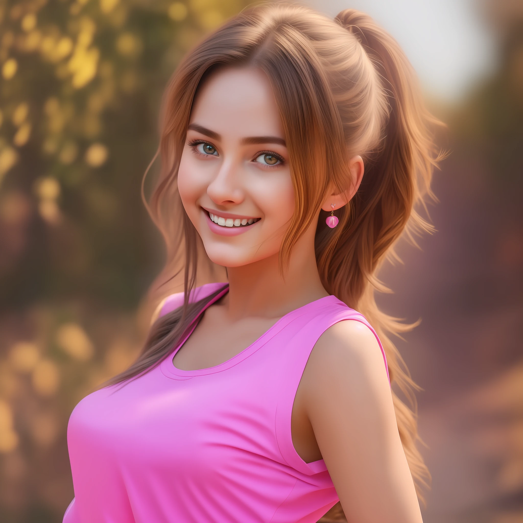 (masterpiece), best quality, realistic, ultra-detailed CG, 8k HDR wallpaper, portrait of a beautiful 23-year-old Hungarian girl named Bobungda Tuni, wearing pink tshirt, full-body pose, eye-catching smile on her face, isolated from the background, alone, single image