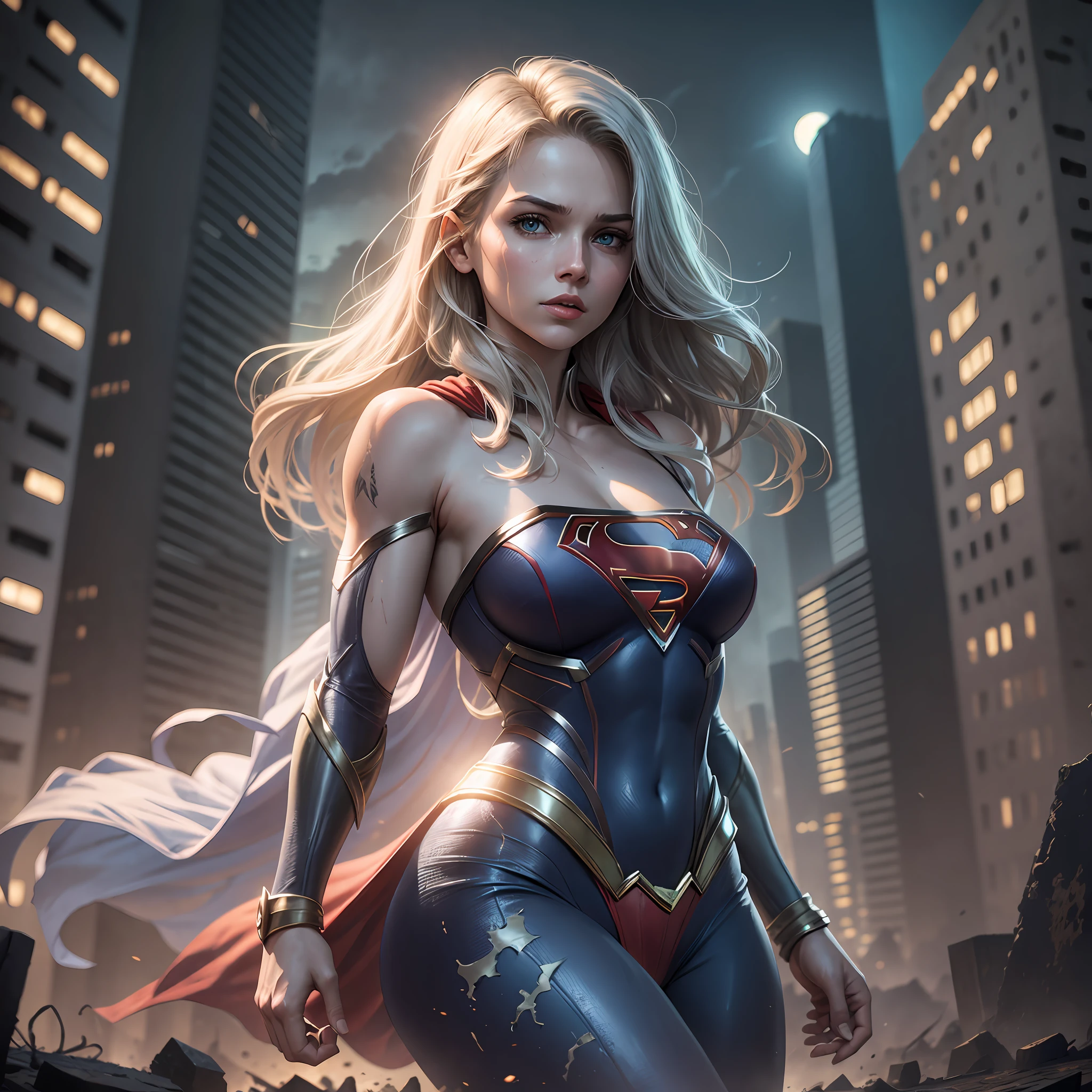 Supergirl is towering in a lost, haunted, abandoned city. Moonlight, highlights your muscles and scars. The scenery is lush and mysterious, with dark city and surroundings. The camera details everything, -- air 1:2 --auto --s2