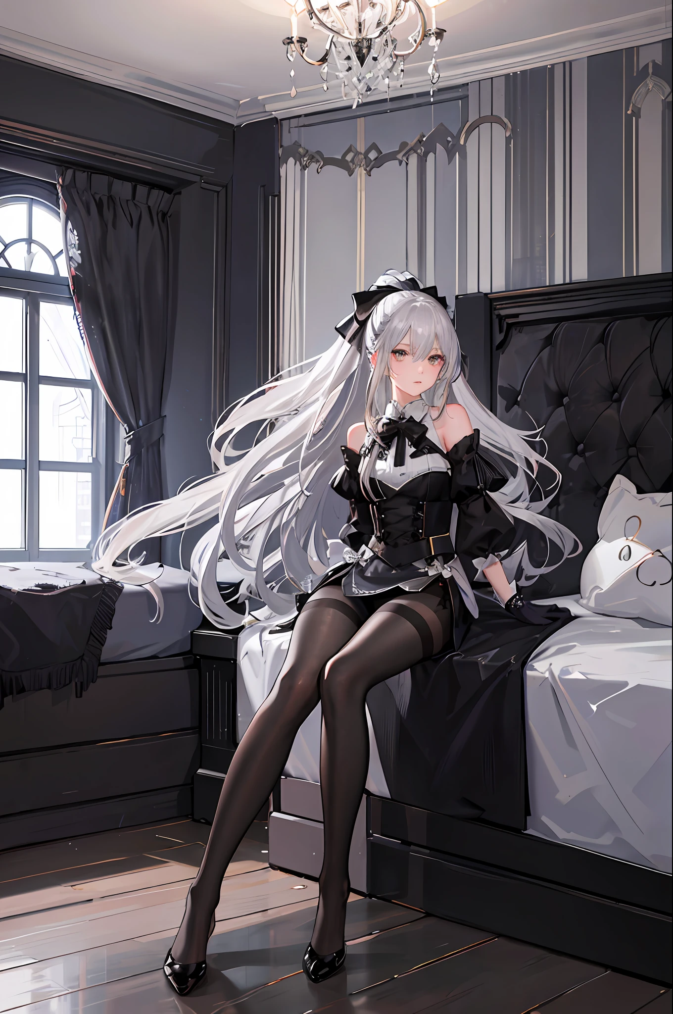 (((1 girl)),ray tracing,(dim lighting),[detailed background (bedroom)),((silver hair)),((silver hair)),(Fluffy silver hair, plump slender girl)) with high ponytail)))) Avoid blonde eyes in the ominous bedroom ((((Girl wears intricately embroidered black high-waisted pants with pantyhose) and white ruffled bow gloves), showing a delicate slim figure and graceful curves, correct limbs, sitting on the bed