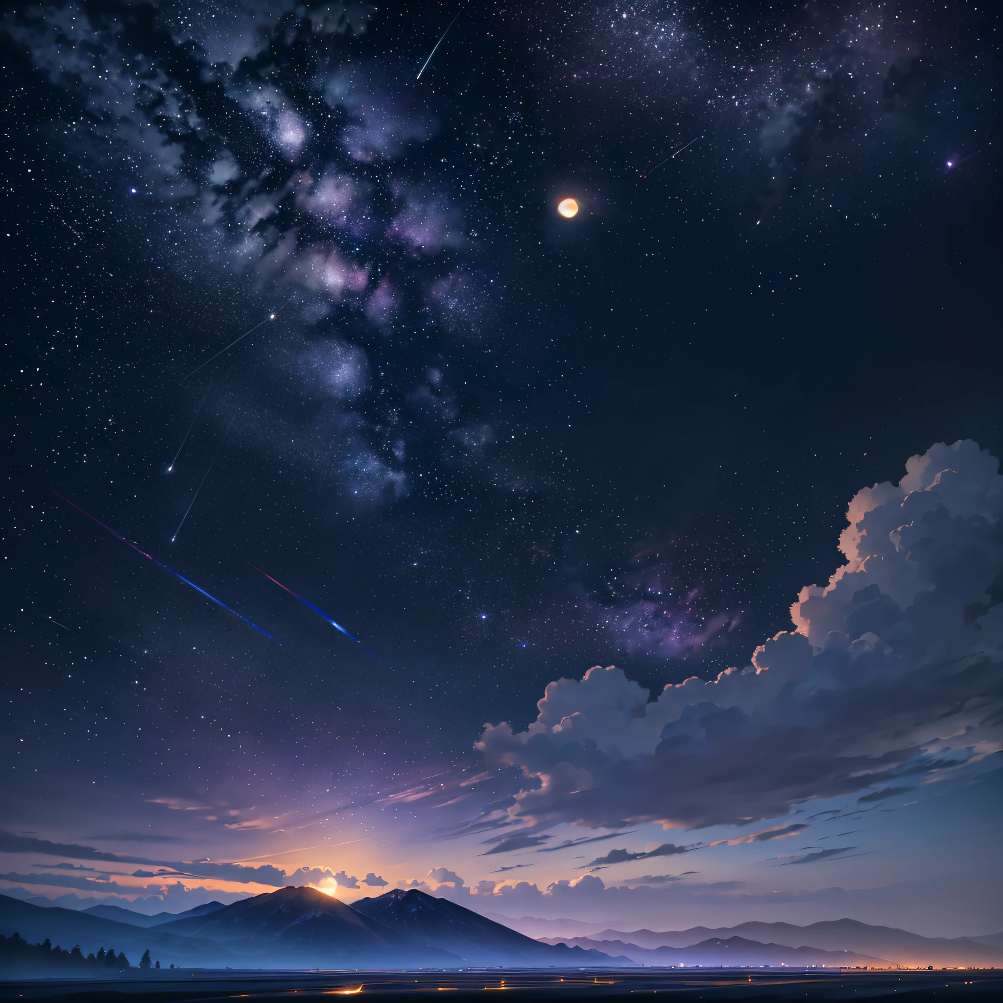 Vast landscape photo, (viewed from below, the sky is above and the open field is below), a girl standing on a flower field looking up, (full moon: 1.2), (meteor: 0.9), (nebula: 1.3), distant mountains , Trees BREAK Crafting Art, (Warm Light: 1.2), (Fireflies: 1.2), Lights, Lots of Purple and Orange, Intricate Details, Volumetric Lighting, Realism BREAK (Masterpiece: 1.2), (Best Quality), 4k, Ultra-Detailed, (Dynamic Composition: 1.4), Very Detailed, Colorful Details, (Rainbow Colors: 1.2), (Glow Lighting, Atmospheric Lighting), Dreamy, Magical, (Solo: 1.2) --auto --s2