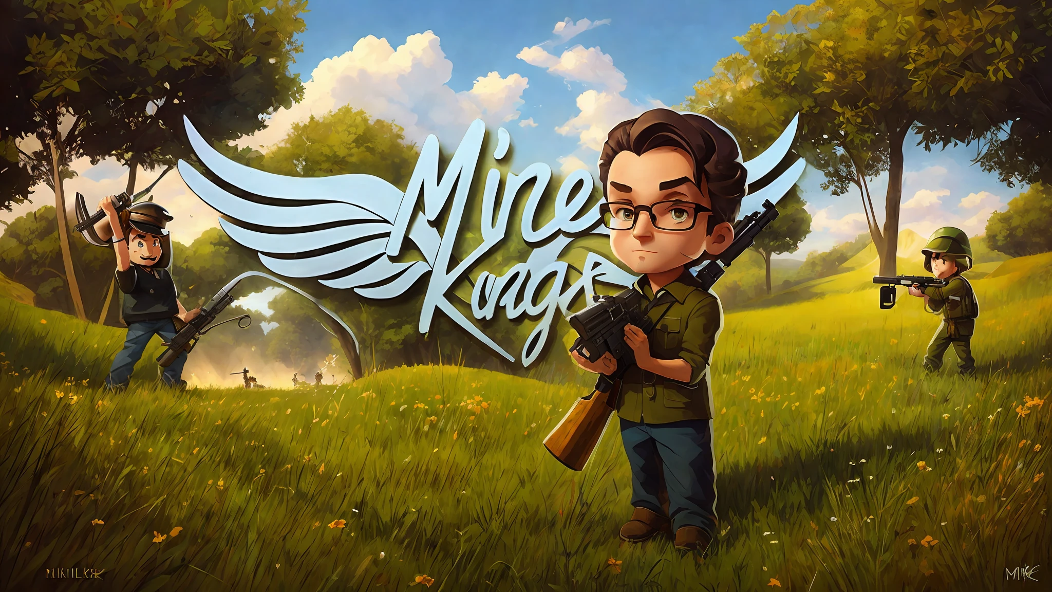 cartoon of a man holding a rifle and a gun in a field, miner kilbourne kellogg, mines, mike kime, mike, official artwork, by Mirko Rački, inspired by Max Klinger, box art, official fanart, mobile game art, mk ninja, mining, mobile game asset, key art, mark miner, official art, game cover