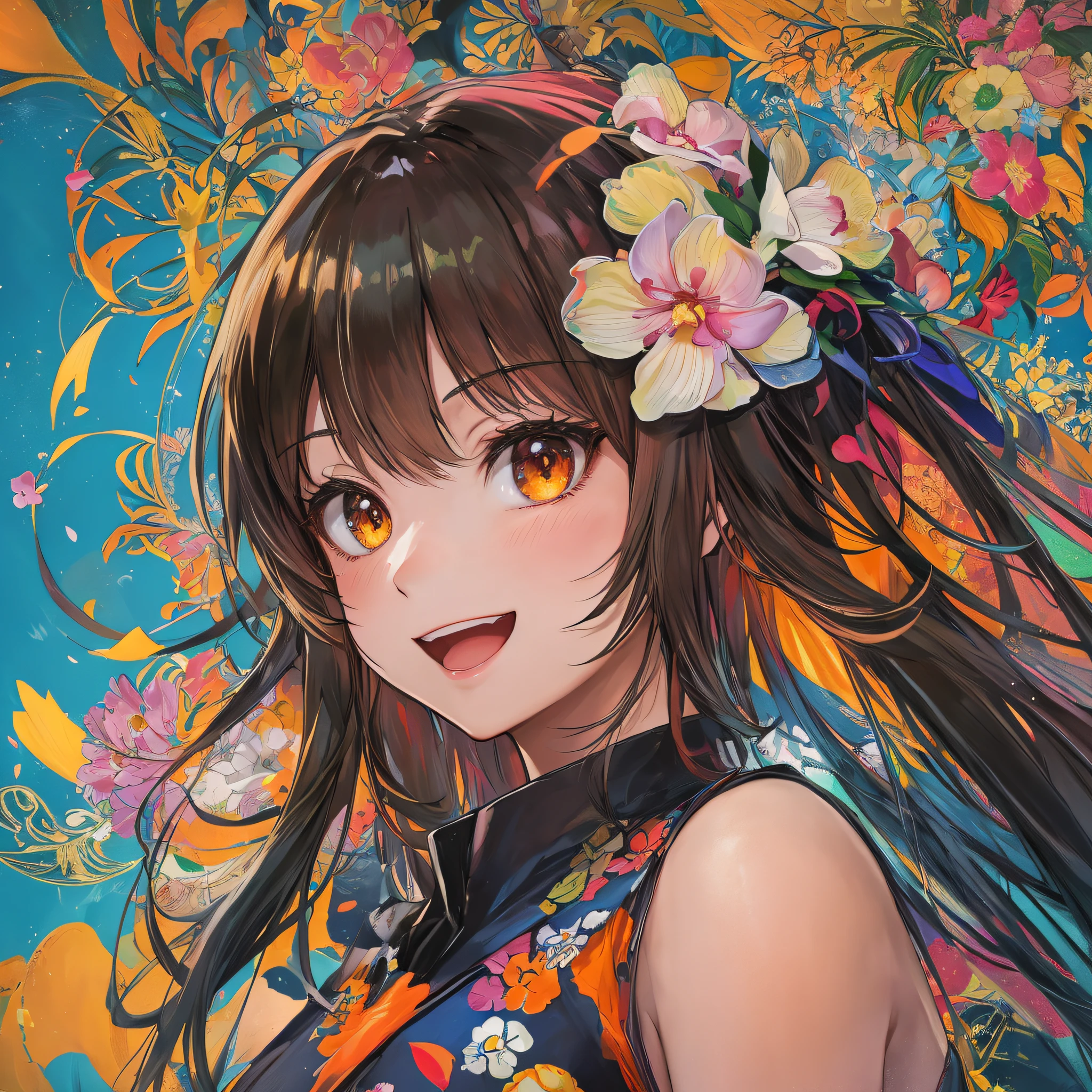 masterpiece, best quality, {best quality}, {{masterpiece}}, {highres}, focus, anime style, a closeup of a cartoon of a woman, 1girl, girl design, portrait, giesha, anime image, polished and powerful look, exotic, happy, cheerful, flowers, orchids, 2d, art, art, drawing, drawing, colorful background, flying petals, petals, orange sky, smiling --auto --s2