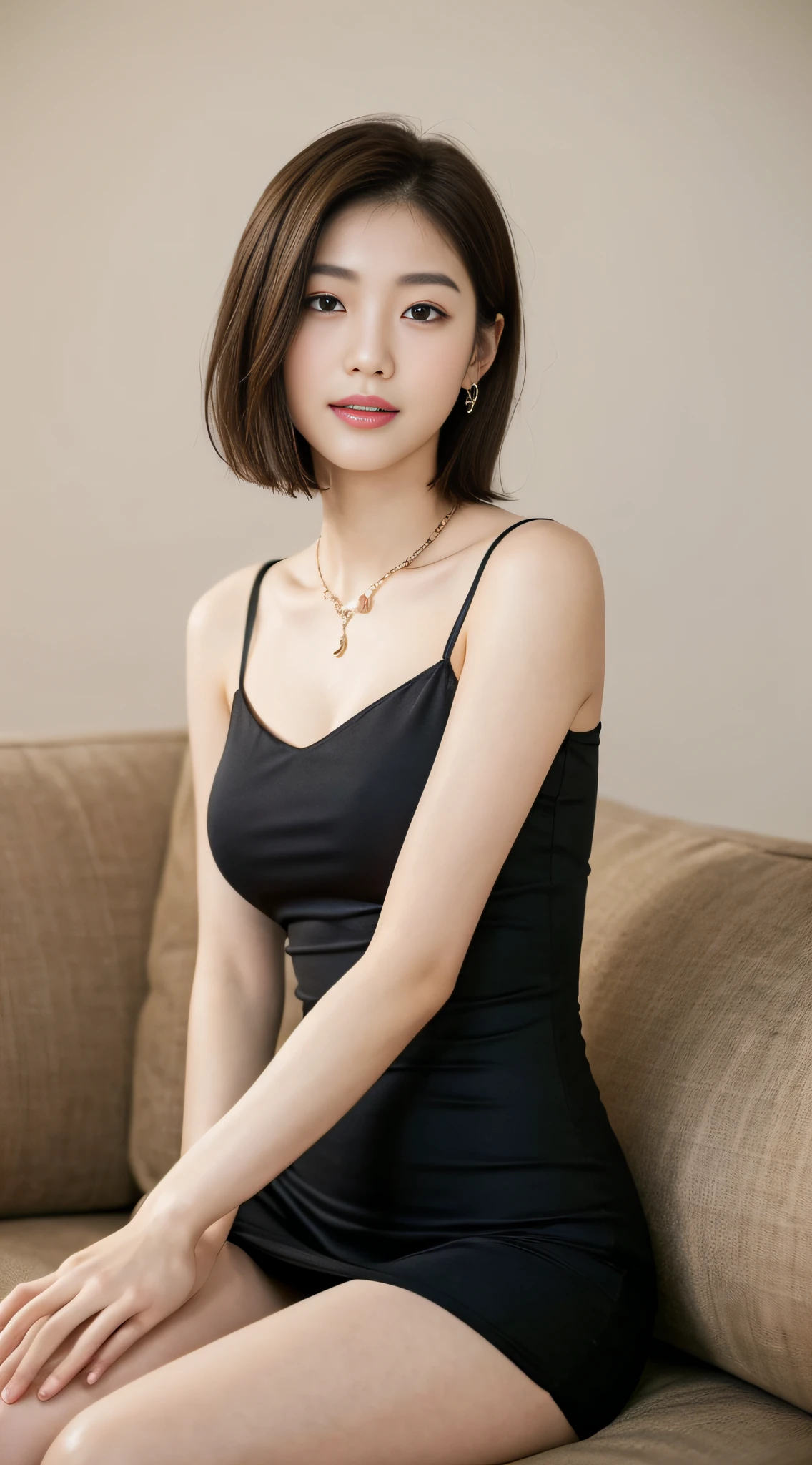 ((Best Quality, 8K, Masterpiece: 1.3)), Focus: 1.2, Perfect Body Beauty: 1.4, Buttocks: 1.2, ((Delicate Short Hair)), (Tight Black Dress: 1.1), A Beautiful Korean Girl with Highly Detailed Face and Skin Texture, Delicate Eyes, Double Eyelids, Whitened Skin, Smile, Wearing Necklace, Ring, Sitting on Sofa, Background is a room with an off-white subject, shooting upper body, eye-level shooting, Canon