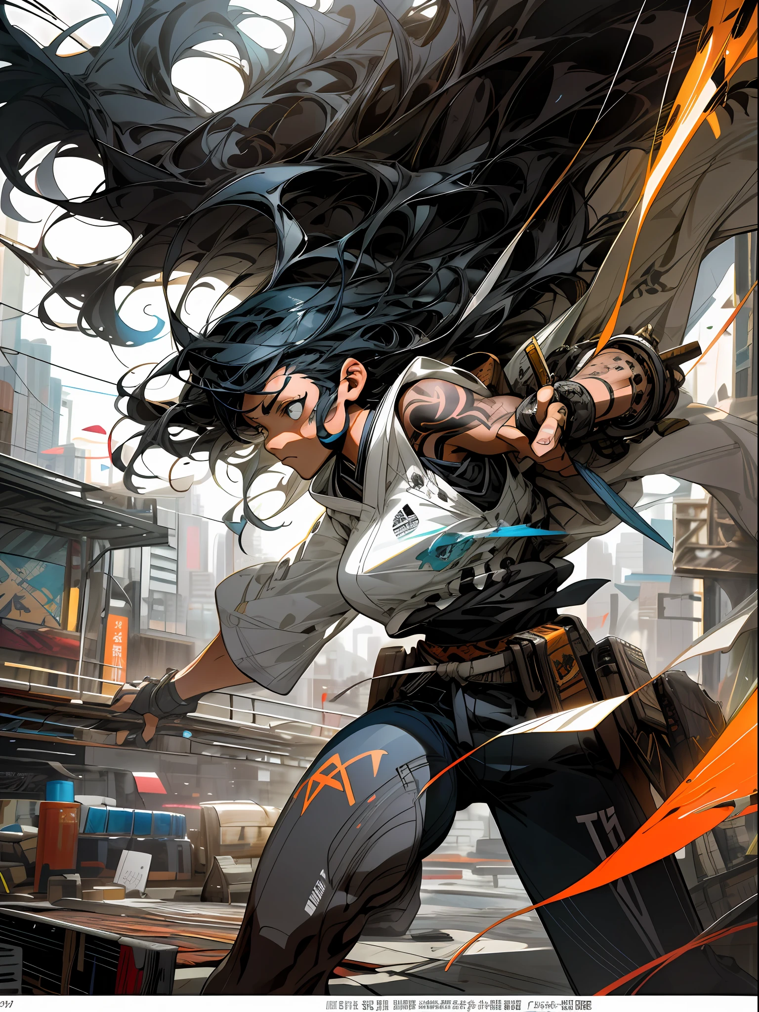background, mixed-language_text, Japanese graffiti letters, a warrior nulher with long black hair cascading down her back. His eyes are a deep shade of amber, which shine with intensity when he is in battle. She possesses an athletic and slender appearance, with a confident and determined posture. Her skin has a light tan tone, evidencing her strength and endurance, photo, sticker art, freedom, soul, digital illustration, comic style, centered, approaching perfection, dynamic, highly detailed, watercolor painting, artstation, concept art, smooth, sharp focus, illustration, art by carne griffiths and ,alone anime, centered, approaching perfection, drawing style illustrator, anime style, body with futuristic tribal tattoo style designs in dragon shape, serious face and ultra detailed artwork, graffiti style destroyed city scenery with camera focus,