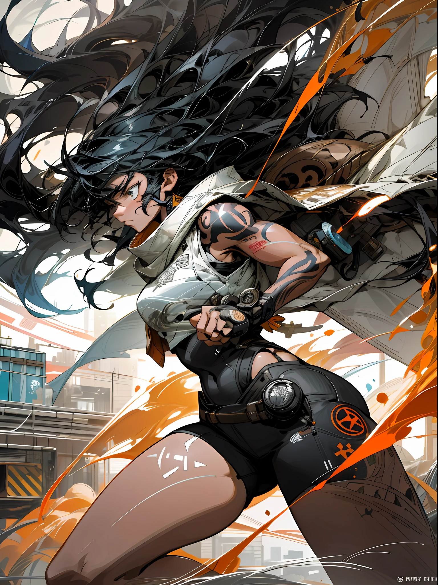 background, mixed-language_text, Japanese graffiti letters, a warrior nulher with long black hair cascading down her back. His eyes are a deep shade of amber, which shine with intensity when he is in battle. She possesses an athletic and slender appearance, with a confident and determined posture. Her skin has a light tan tone, evidencing her strength and endurance, photo, sticker art, freedom, soul, digital illustration, comic style, centered, approaching perfection, dynamic, highly detailed, watercolor painting, artstation, concept art, smooth, sharp focus, illustration, art by carne griffiths and ,alone anime, centered, approaching perfection, drawing style illustrator, anime style, body with futuristic tribal tattoo style designs in dragon shape,  serious face and ultra detailed artwork, graffiti style destroyed city scenery with camera focus,