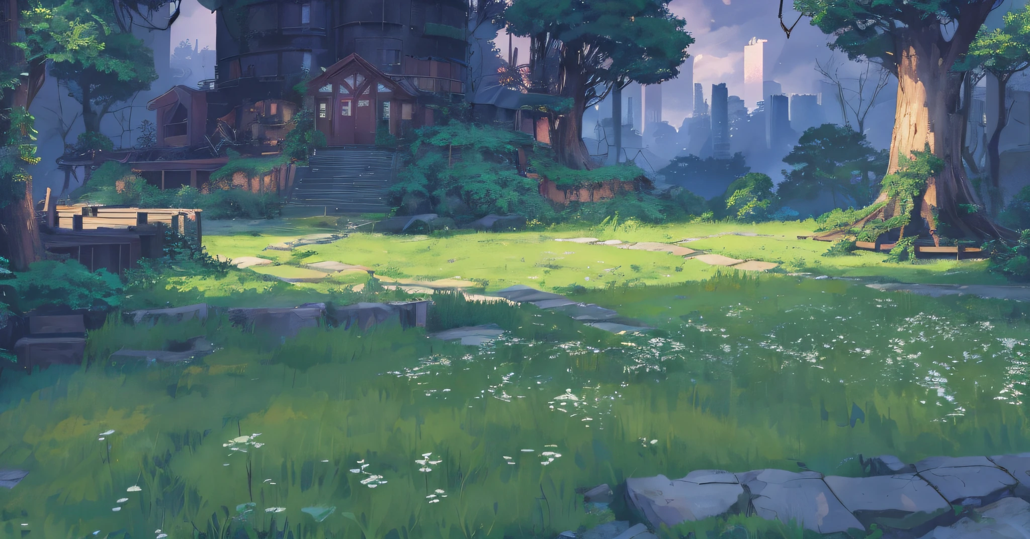 Anime scene of forest with path and small house, anime background art, doomsday ruins, cyberpunk, anime village landscape, detailed scenery — width 672, background artwork, elf forest background, anime nature, Velly distant forest,