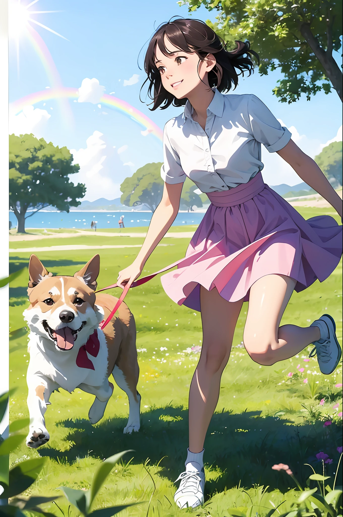 ((masterpiece, top quality, super detail)), pretty girl, ((frolicking with the dog)), dog protagonist composition, walk, smile, happiness, sunshine, grass, pink lips, wearing a bright white shirt, in the style of soft color palette Aurora Punk, her animated illustration Face, animation GIF, hand drawn animation, attractive sketch, smooth and shiny, hazy romanticism, Super flat style, white background - AR 1:1 - Rainbow 5 - Style expressive