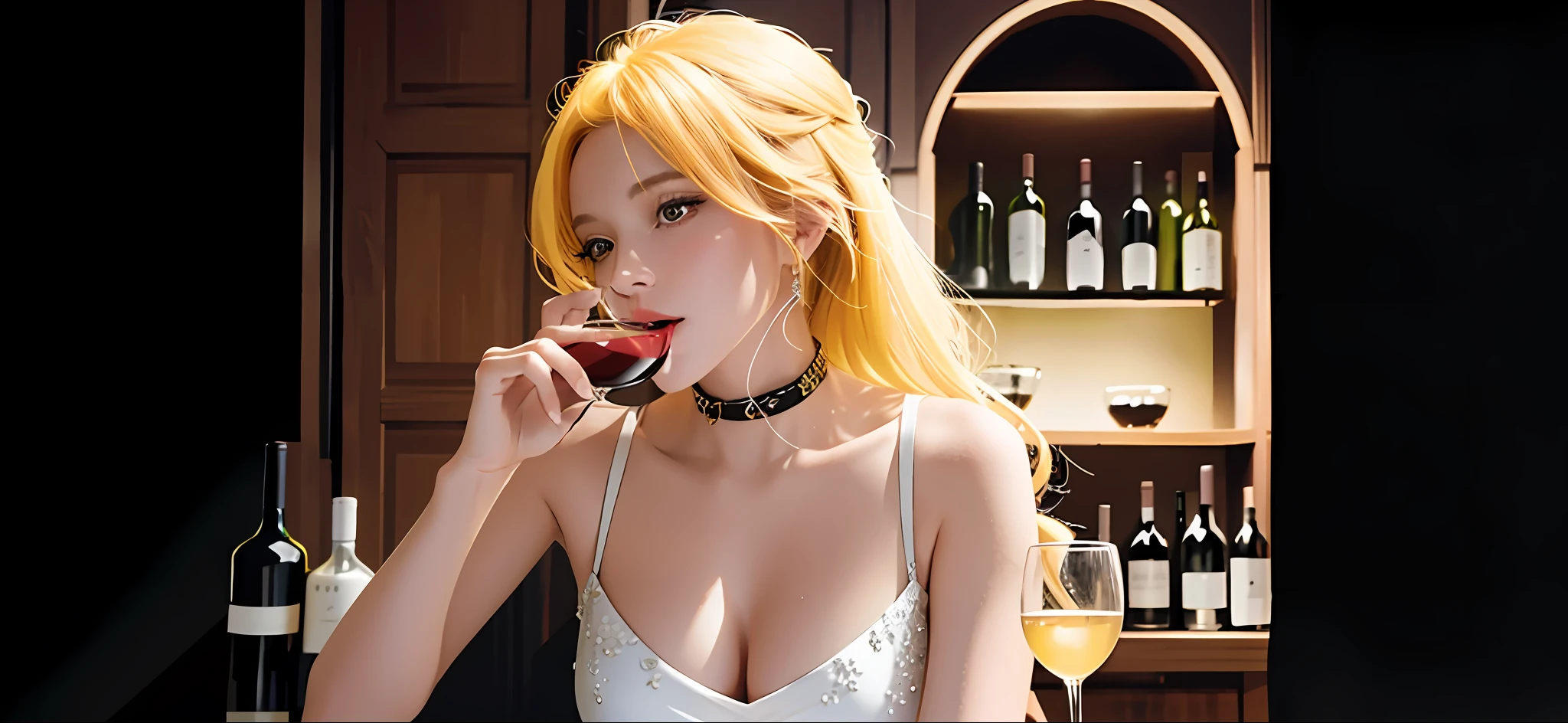 The yellow-haired girl was holding a glass of wine in front of the bar, she was holding a glass of wine, from the maiden front, drinking, the details were delicate. Girl Front, Girl Front Style, Guvitz, Girl Front CG, Girls Front Universe, Girl Front, Have a Drink, Extended Art, Kushat Krenz Key Art Feminization