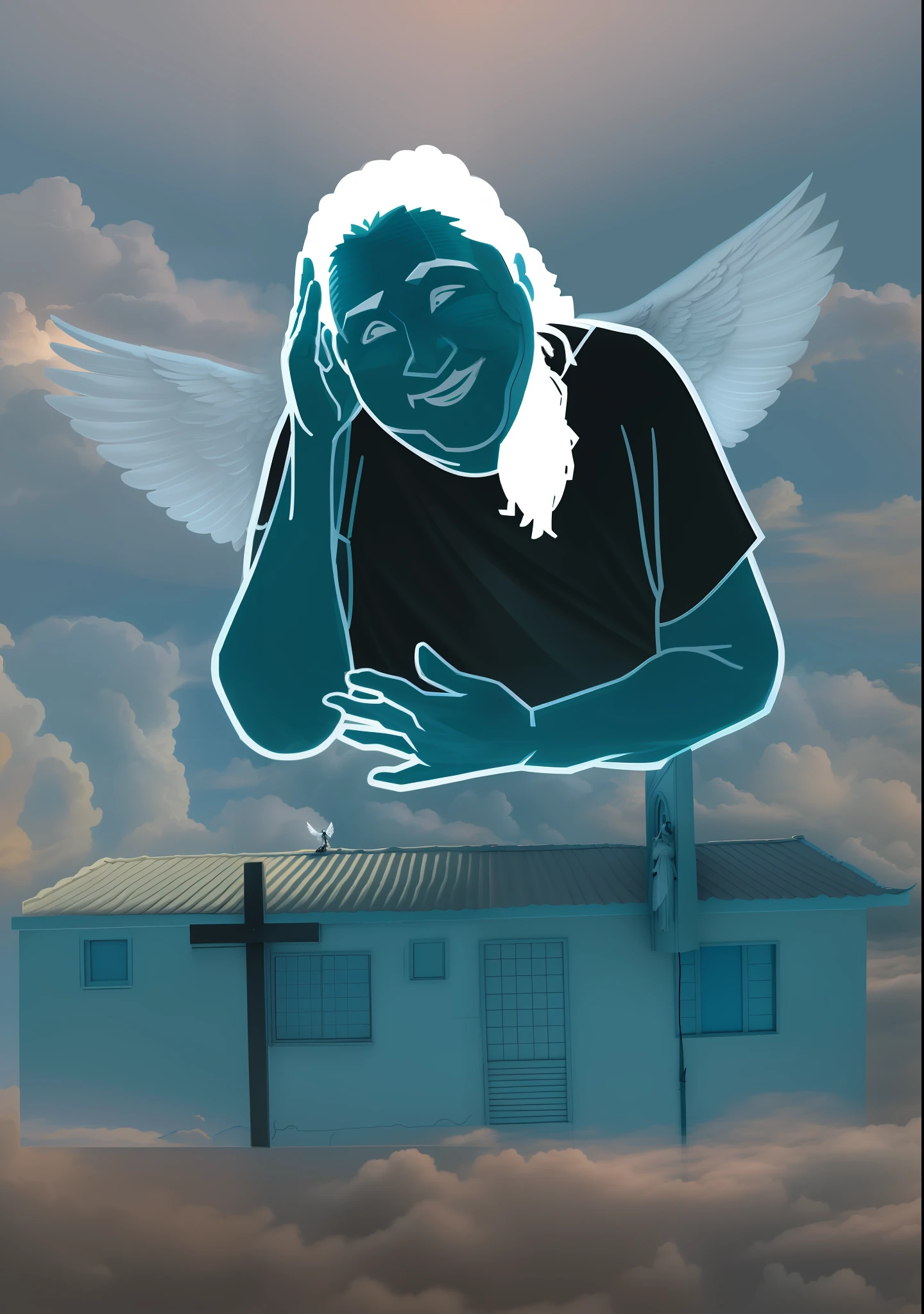 cartoon of a man with wings on a roof in the clouds, heaven on earth, heavenly, smiling in heaven, background is heavenly, biblically acurate angel, fanart, digital art. @mariomaniacdude, inspired by Ángel Botello, heaven, chris chan, biblically accurate angel, angelic, patron saint of 🛸🌈👩🏾, an angel
