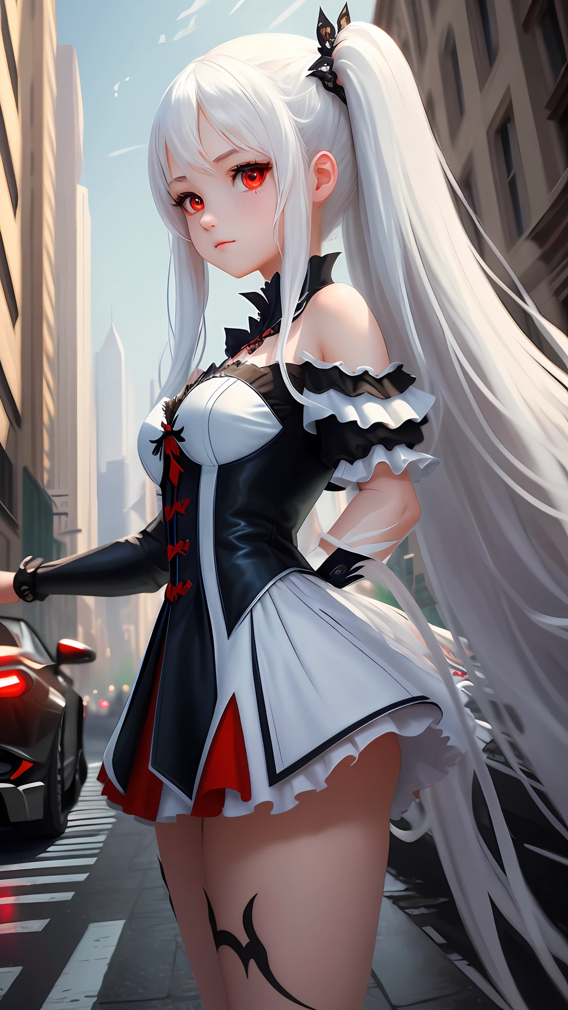 (masterpiece, best quality), intricate details, 8k, artstation, wallpaper, official art, splash art, sharp focus,
1girl, menino, long hair, twin tails, red eyes, white hair,
spider suit, web print, cobweb,
skyscraper, city, buildings, cars, street,
