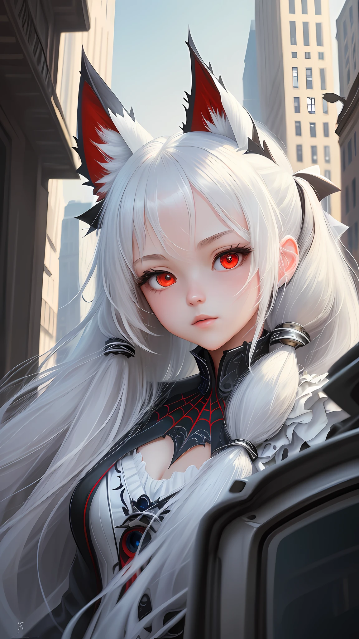 (masterpiece, best quality), intricate details, 8k, artstation, wallpaper, official art, splash art, sharp focus,
1girl, menino, long hair, twin tails, red eyes, white hair,
spider suit, web print, cobweb,
skyscraper, city, buildings, cars, street,