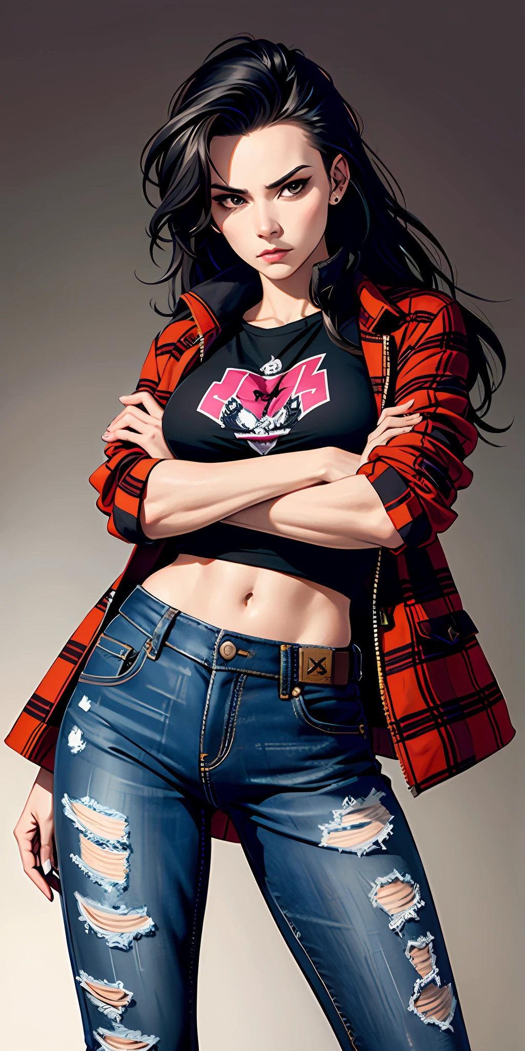 Woman, serious face, handsome face, long punk hair, plaid jacket, jeans, pistol, pose using a pistol, shooting,