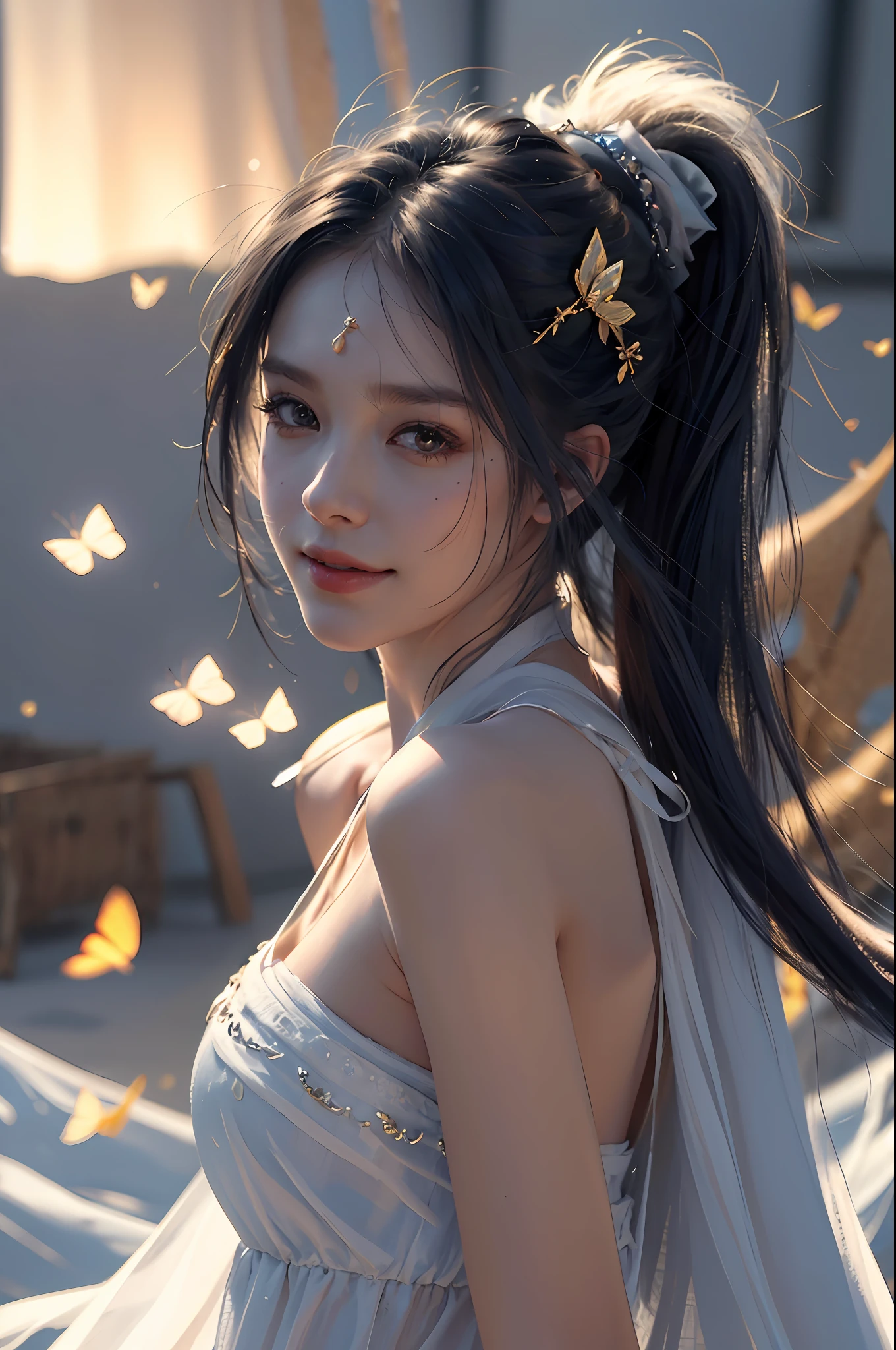 (RAW Photo, Best Quality), (Realistic, Photorealistic True: 1.3), Best Quality, Highly Detailed, Masterpiece, Hyperdetailed, Illustration, 1 Girl, Smile, Butterfly Hair Accessories, Black Hair, White Cape, Wield a Swords, upper_body, Dynamic Angle, World Mastery Theatre, ponytail, Fluores cent Red, Dynamic fire inbackground, Best Quality, Extremely detailed CG unified 8k wallpapers, ink, amazing, movie lights, lens_flare, wuxia_style