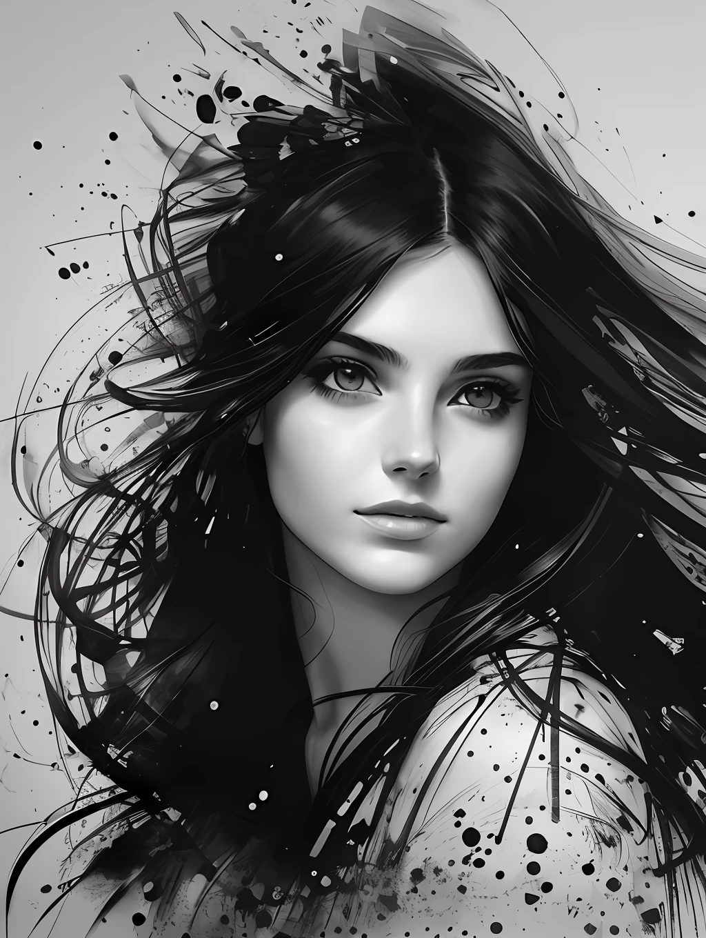 A black and white portrait of a beautiful young woman, with long windy hair, in the style of Mark Demsteader