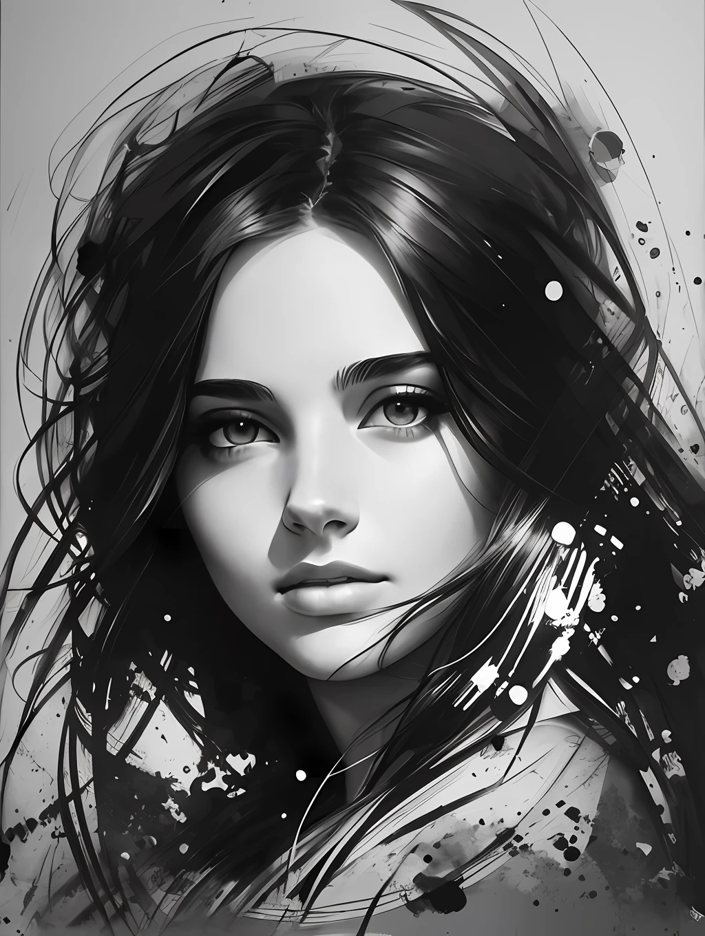 A black and white portrait of a beautiful young woman, with long windy hair, in the style of Mark Demsteader