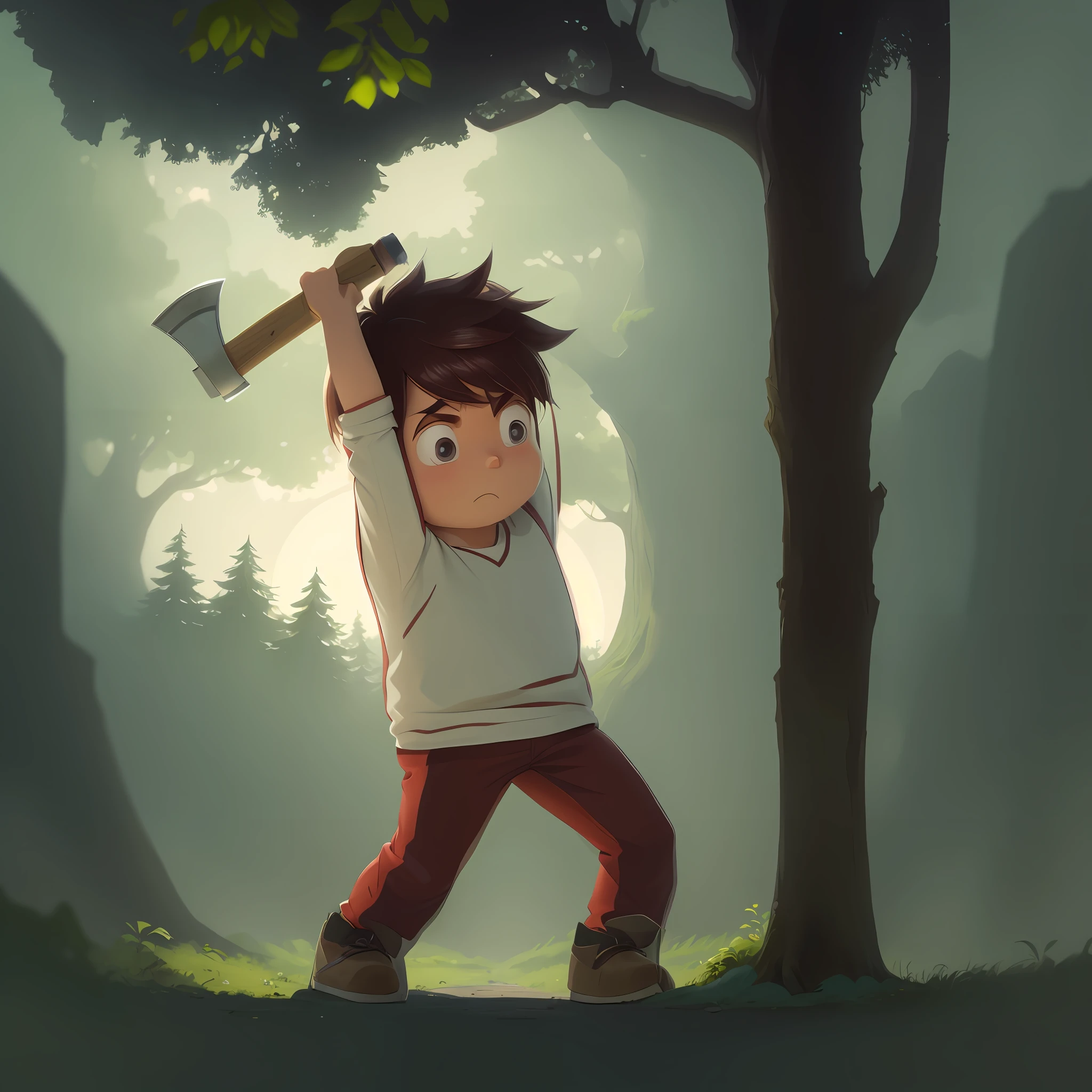 cartoon man holding an ax over his head while standing next to a tree, attacking with axe, wielding an axe, with axe, inspired by Goro Fujita, holding an axe, with an axe, the trees are angry, official fanart, holding axe, wielding an axe on each hand, inspired by Ryuzaburo Umehara, hero 2 d fanart artsation