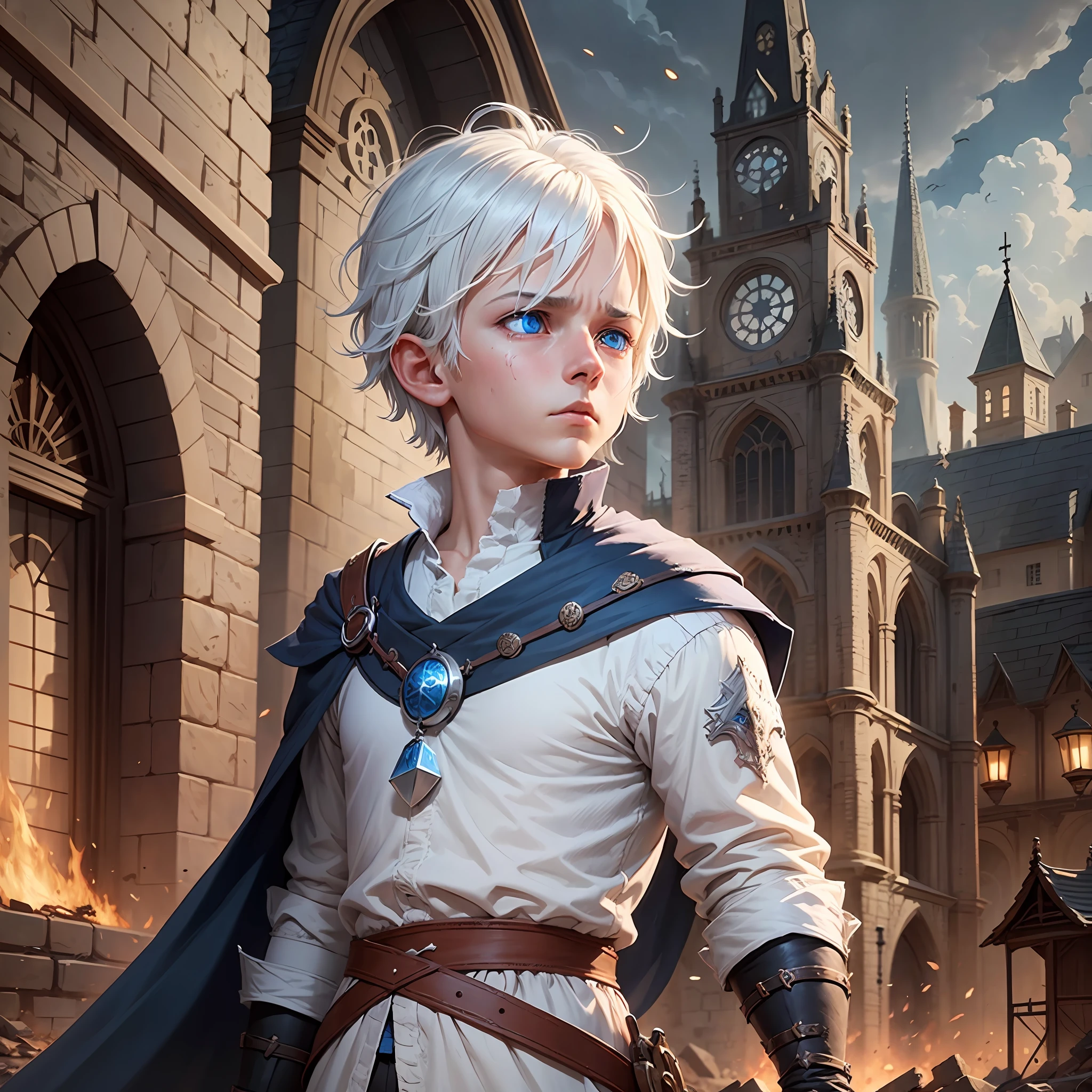 Create a boy A sad  with blue eyes and medium white hair in the middle of a medieval city destroyed in flames A real movie scene for a medieval DND RPG, ultra detailed anime-style art --auto --s2