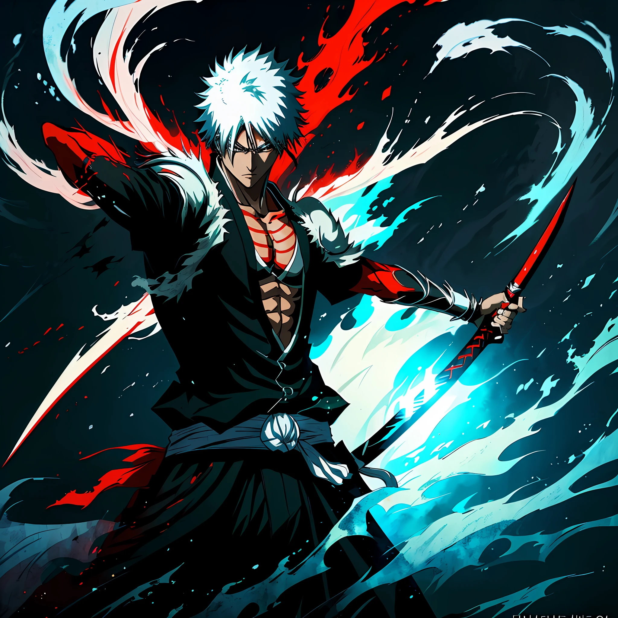 (masterpiece, best quality:1.2),1boy,solo, Ichigo kurosaki,holding a black katana,badass pose,bleach, powerful aura,red aura,8k,64k, HD, unparalleled masterpiece, dynamic lighting, cinematic, epic, highest quality digital art, Stunning art, wallpaper 4k