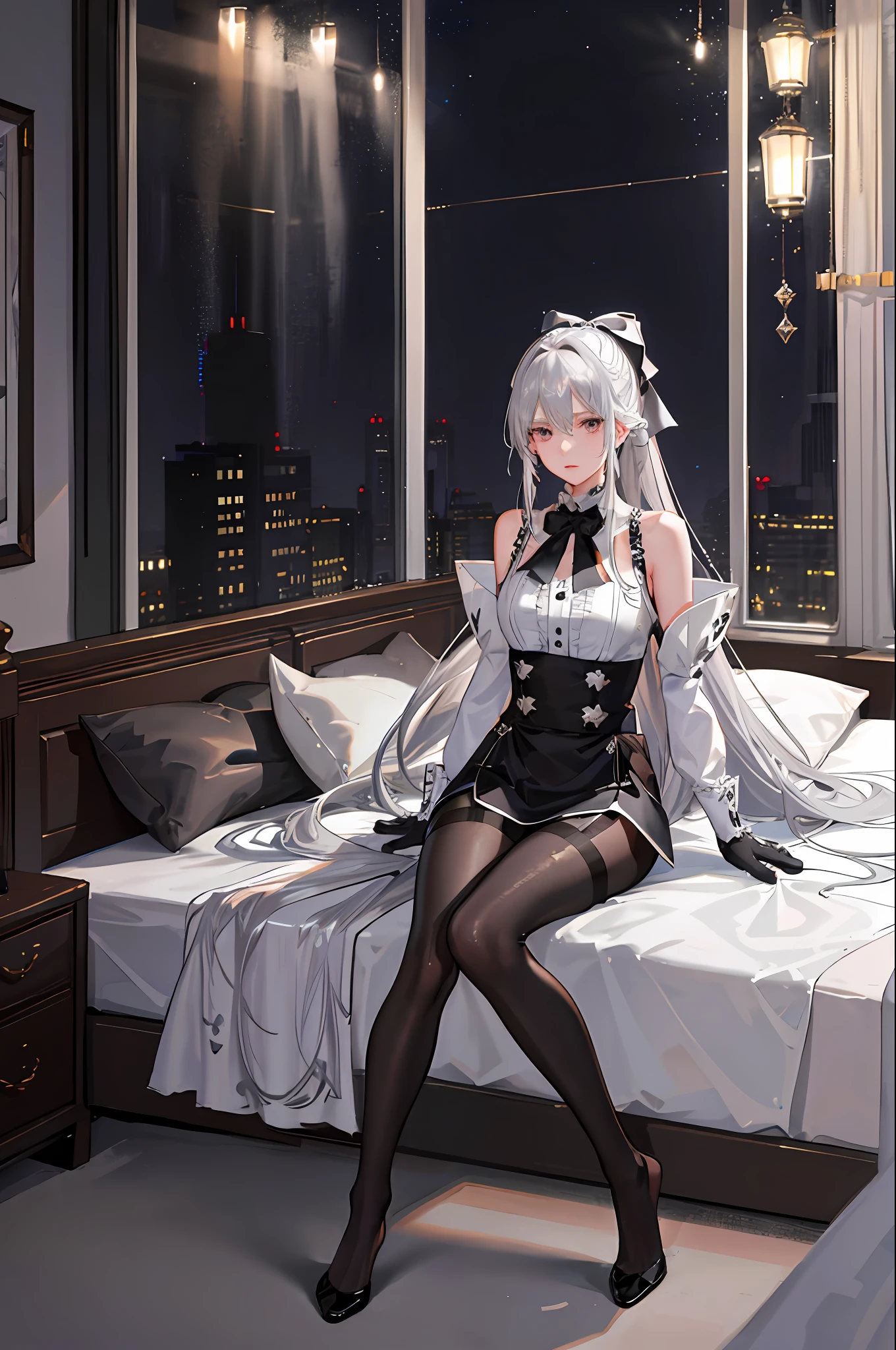 (((1 girl)),ray tracing,(dim lighting),[detailed background (bedroom)),((silver hair)),((silver hair)),(Fluffy silver hair, plump slender girl)) with high ponytail)))) Avoid blonde eyes in the ominous bedroom ((((Girl wears intricately embroidered black high-waisted pants with pantyhose) and white ruffled bow gloves), showing a delicate slim figure and graceful curves, correct limbs, sitting on the bed