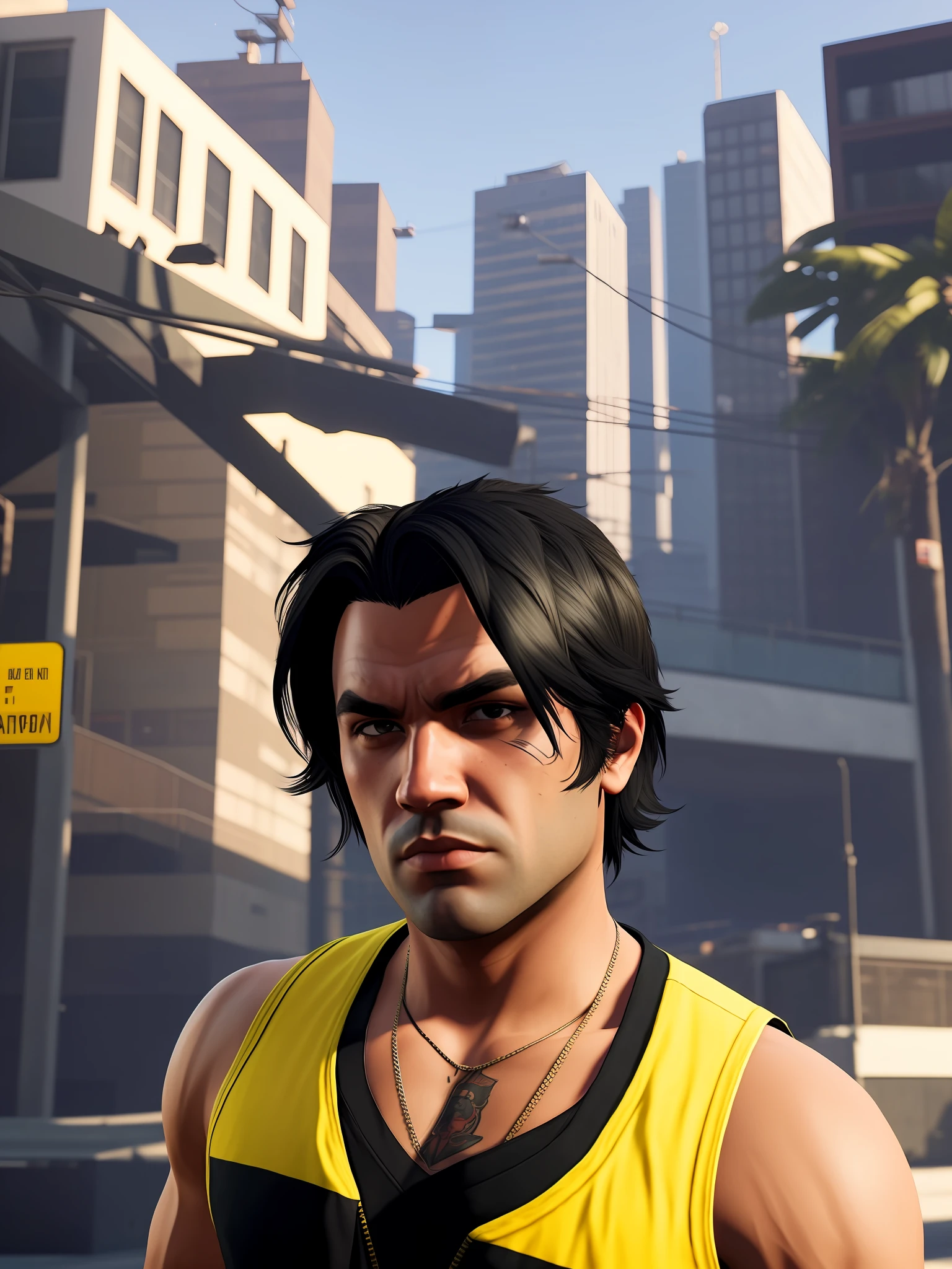 GTA5 Loading Screen 2D art, such as a GTA5 Thug, action pose, cinematic composition, shaders, bright cinematic lighting, soft contrast, video game background, boy focus, hair split in half, black hair, 8k,