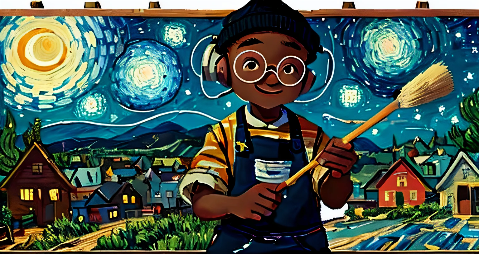 A black boy, round glasses, apron, painter, holding a brush, beanie, headphones, painting, happy, happy, perfect quality, clear focus (clutter - house: 0.8), (masterpiece: 1.2) (realistic: 1.2) (bokeh) (best quality) (detailed skin: 1.3) (intricate details) (8K) (detail eyes) (sharp focus), (happy), in the background Van Gogh's starry night, starry night painting, beautiful UHD art 4 k, Starry Night, by Van Gogh, Starry Night!!!!!!!!!!!!!!!!!!!!, painting by Van Gogh