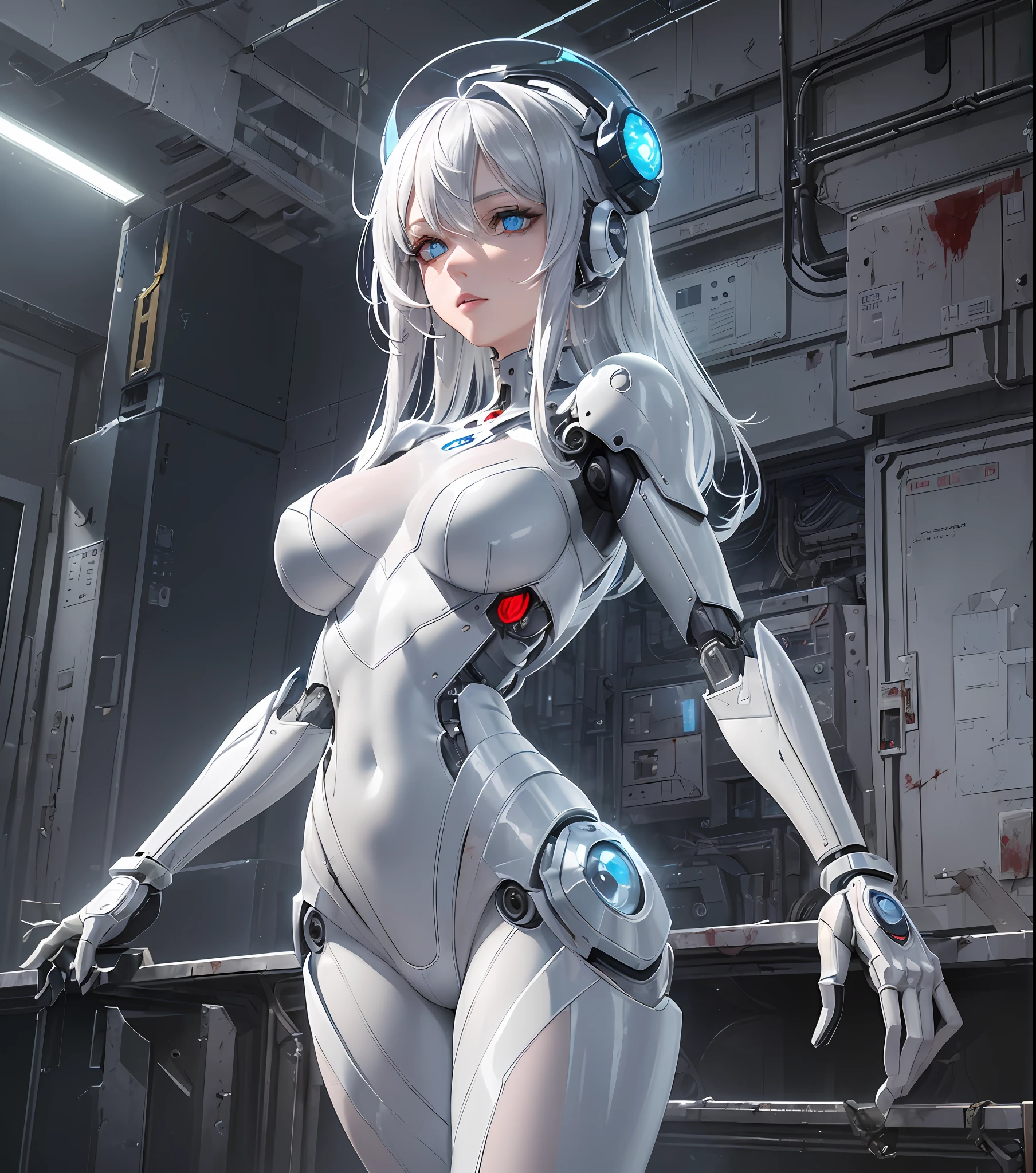 (Masterpiece, Best Quality: 1.2), 1 Girl, Seductive, Erotic Pose, Full Body, (White Full Body Bodysuit: 1.5), Modern Urban, Very Detailed, (Correct Dissection: 1.5), Beautiful Face, Delicate Eyes, Perfect Lighting, Cinematic Lighting, Atmospheric Lighting, Ultra Detailed, Very Detailed, incredibly_absurdres, Cinematic, (Feet), (Standing), ((Full Body), (((Very Detailed CG))), White Jumpsuit, high resolution illustration, super detailed, high resolution, absurd, complex and delicate details, mechanical suit, ((mixed)), beautiful and delicate hair, (((open arms to the audience))), open palm, mechanical head gear robot girl, ((glare eyes)), looking at the audience, ((glowing eyes)), high detail beautiful eyes, deepblue_eyes, ((((network mechanical eyes: 0.9))), (looking at the audience), pale skin, parted lips, shiny hair, (blood on face), cold face, cold attitude, gray hair, empty eyes, sparkle, robotic arm, container, cracked body, metallic texture, (damaged laboratory), white_theme, scattered blue particles, no feelings, cracked face, cold face, boots ,
