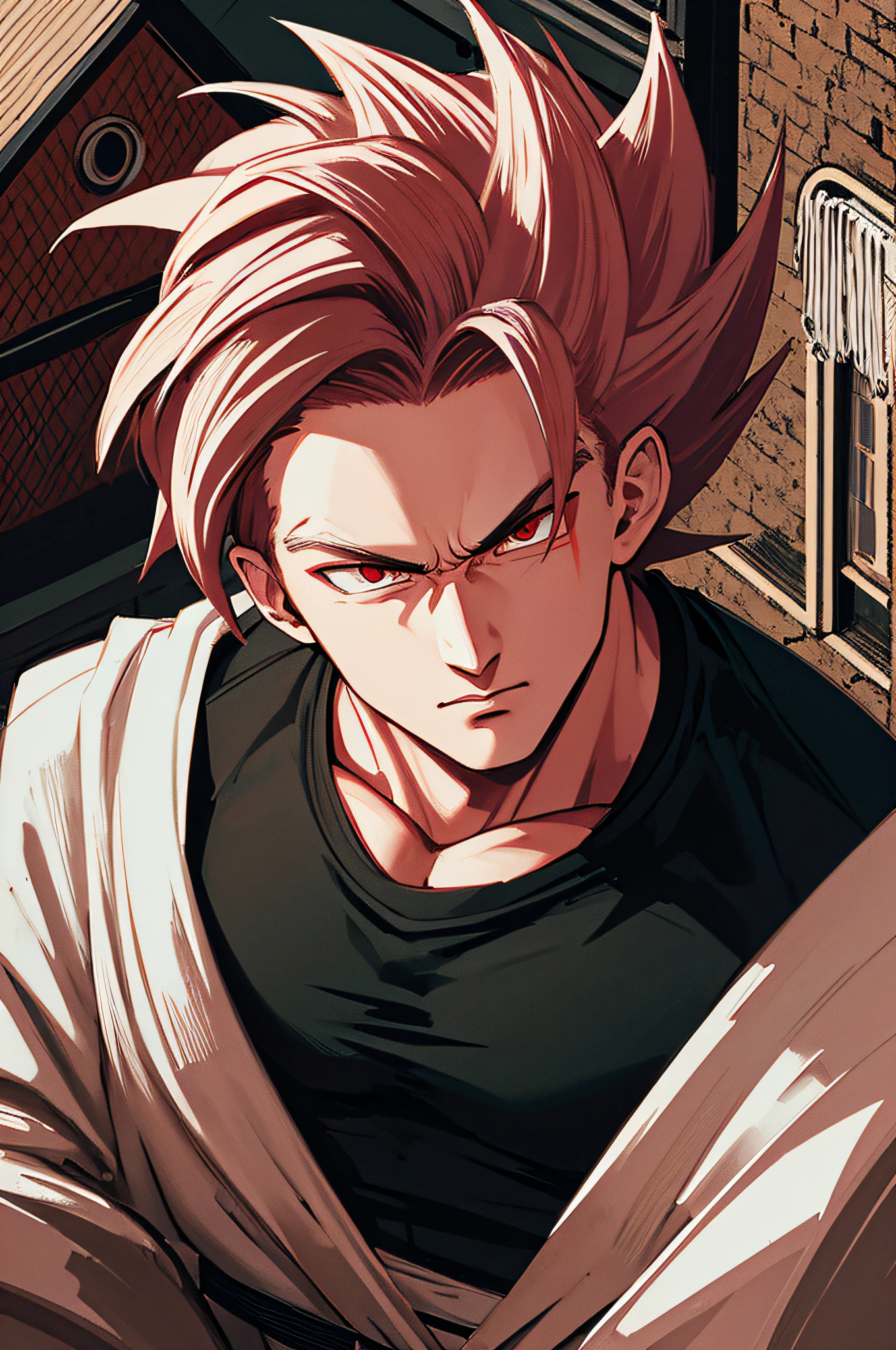 ((masterpiece, best quality)), super saiyan, red eyes, well detailed hair, detailed eyes, muscular, bad face, detailed face, black shirt, on the roof of a building.