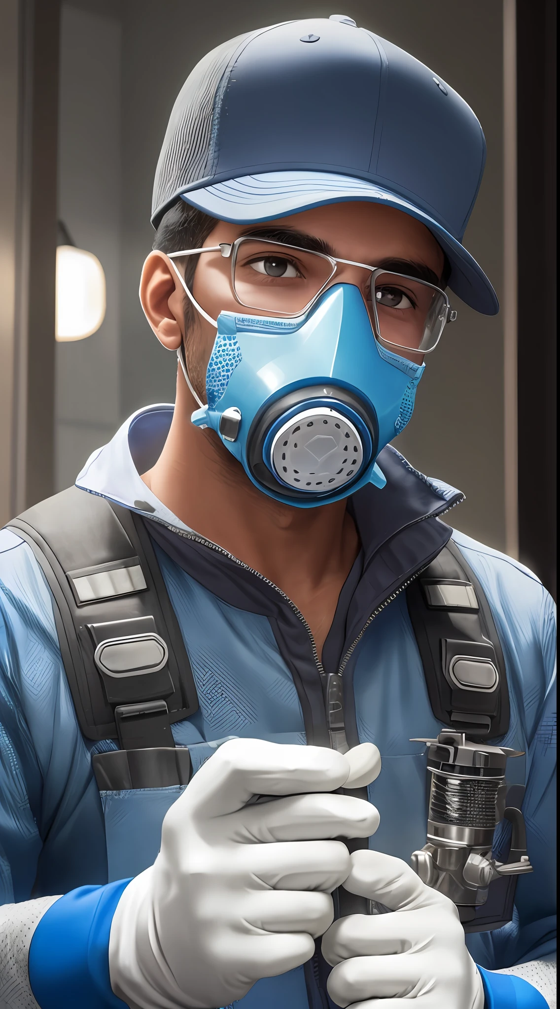 "A young Brazilian man wearing a filtered face respirator and blue nitrile gloves, holding a flashlight, inside a residence, showing his skill as a pest controller. Uniform gray black cap