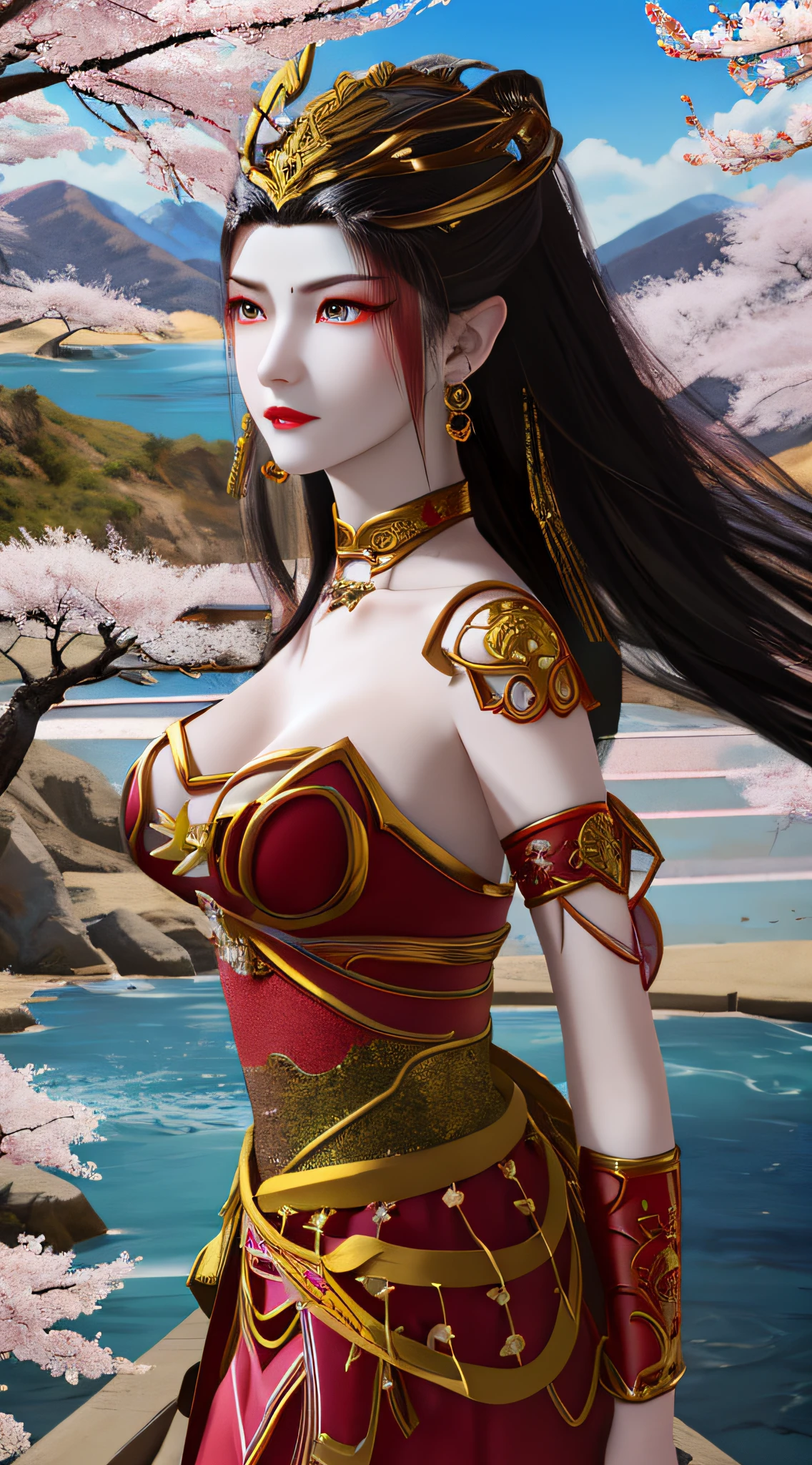 1 beautiful girl, close-up of a woman in red dress with gold accents, dark red eyes and sharp makeup, inspired by Lan Ying, inspired by Ju Lian, ruan jia and artgerm, a beautiful fantasy queen, inspired by Du Qiong, detailed artgerm, artgerm and ruan jia, inspired by Wu Li, ne zha from smite, xianxia, by Yang J, big and regular breasts, waist slim, moderately big butt, highest quality image, highest resolution, 8k quality, full body photo, ((background landscape of cherry blossoms falling into a river 1.8)), super realistic, real life, super detailed,