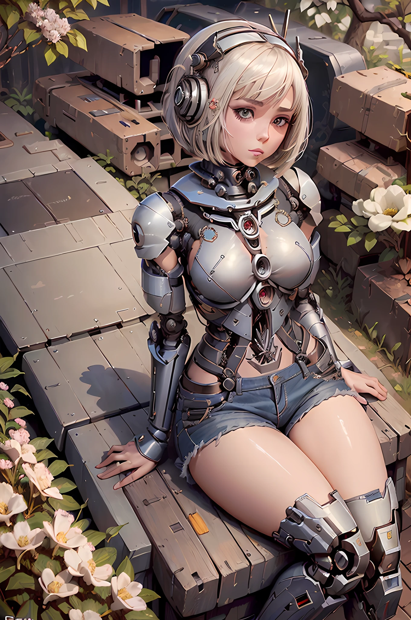 (reelmech:1.5), pretty 1girl, absurdres, 8k uhd, platinum blonde hair, bob cut, medium breasts, black tshirt, denim shorts, garden background, flowers, magnolias, apple tree,