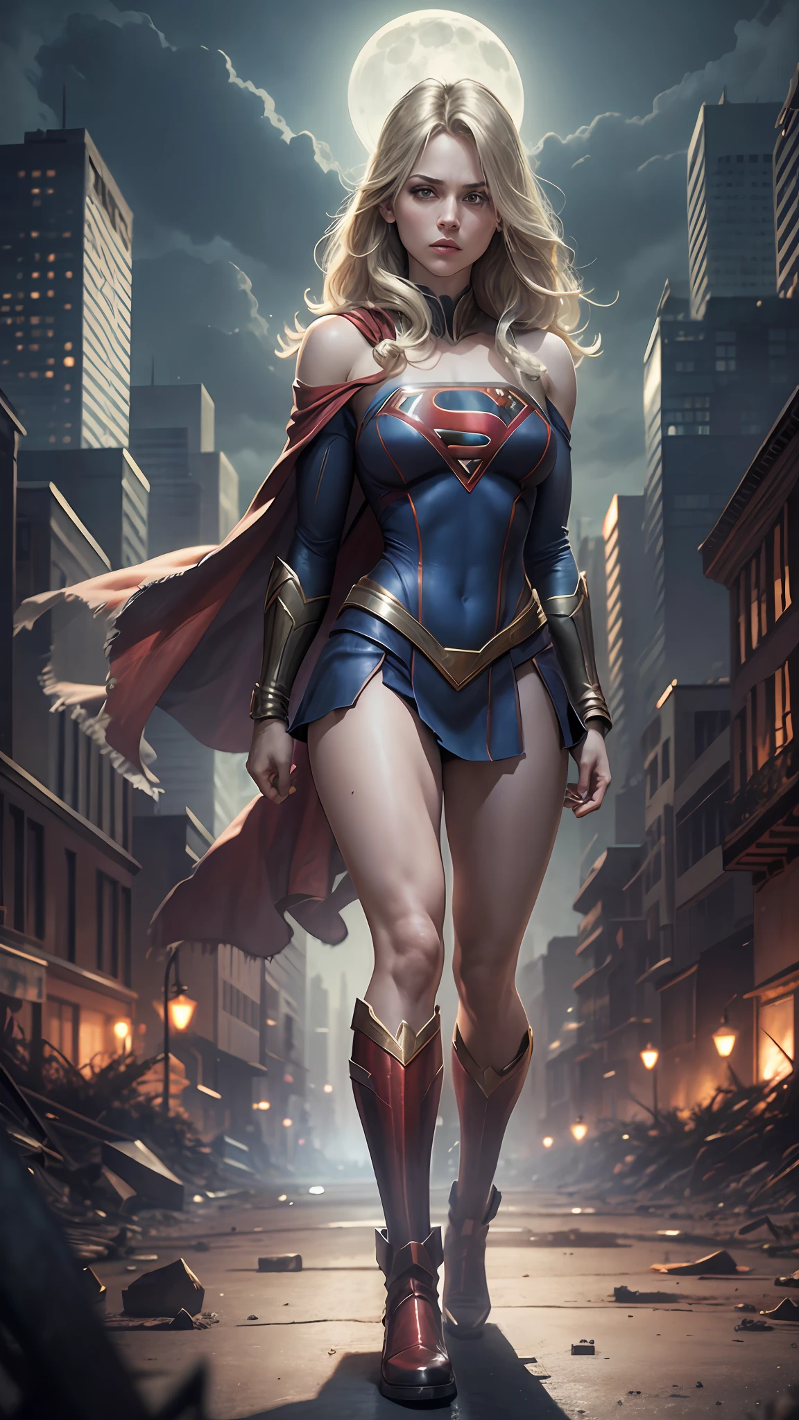 Supergirl is towering in a lost, haunted, abandoned city. Moonlight, highlights your muscles and scars. The scenery is lush and mysterious, with dark city and surroundings. The camera details everything --auto --s2