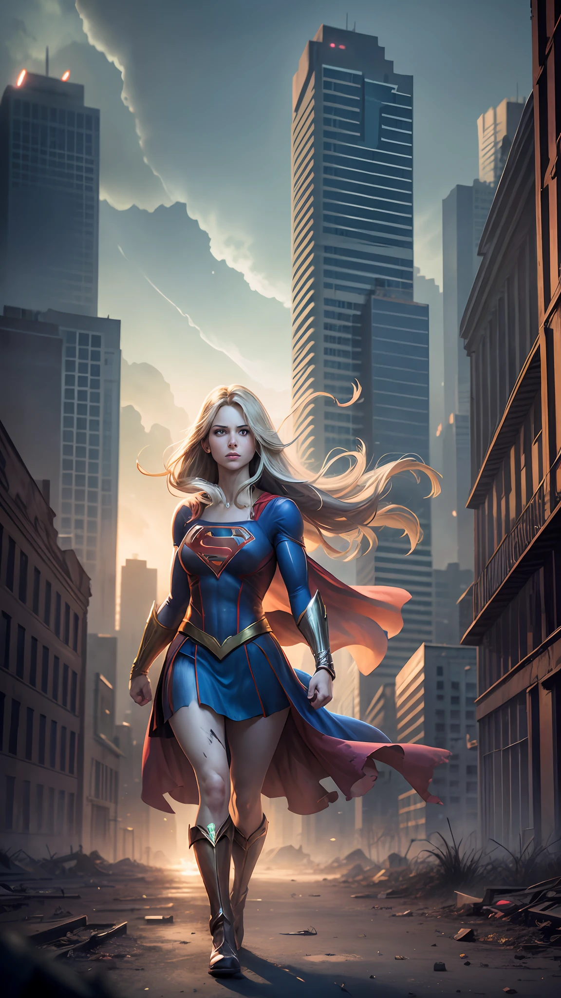 Supergirl is towering in a lost, haunted, abandoned city. Moonlight, highlights your muscles and scars. The scenery is lush and mysterious, with dark city and surroundings. The camera details everything --auto --s2