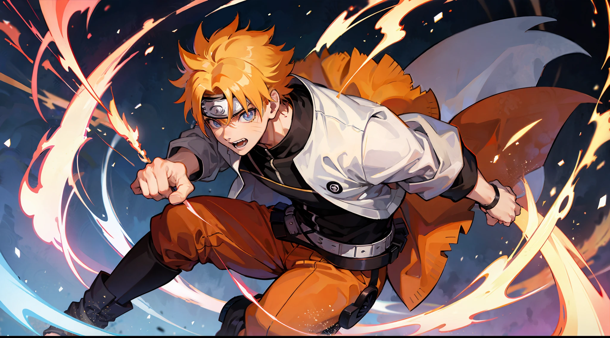 1boy, naruto uzumaki, anime naruto, solo, Naruto has an attractive and young face with bright, blue eyes that usually express energy, cheerfulness and determination. His eyes often sparkle with a cheerful and defiant sparkle. Naruto has bright orange hair, which stands out among other anime characters. His hair is rather thick and unkempt, usually looking like it is constantly in motion. Naruto usually wears his traditional clothing, an orange jumpsuit, which consists of a short jacket with a high collar and pants with shin ties. Naruto wears a gauntlet on his left hand, which is a symbol of his affiliation with the Hidden Leaf Village. He also wears special black boots with white socks on his feet. Naruto has a lean figure, but also looks strong and flexible. His movements are usually fast and energetic, matching his explosive personality and fighting style.