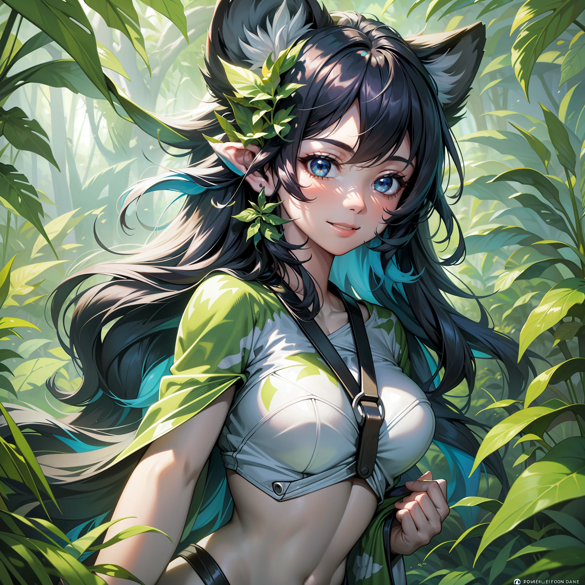 An adventurous woman is immersed in an exciting journey through the depths of a dense rainforest. She is depicted in a painting, with her hair in the wind and a radiant smile on her face. Her eyes sparkle with determination and curiosity as she bravely makes her way down the winding jungle paths.