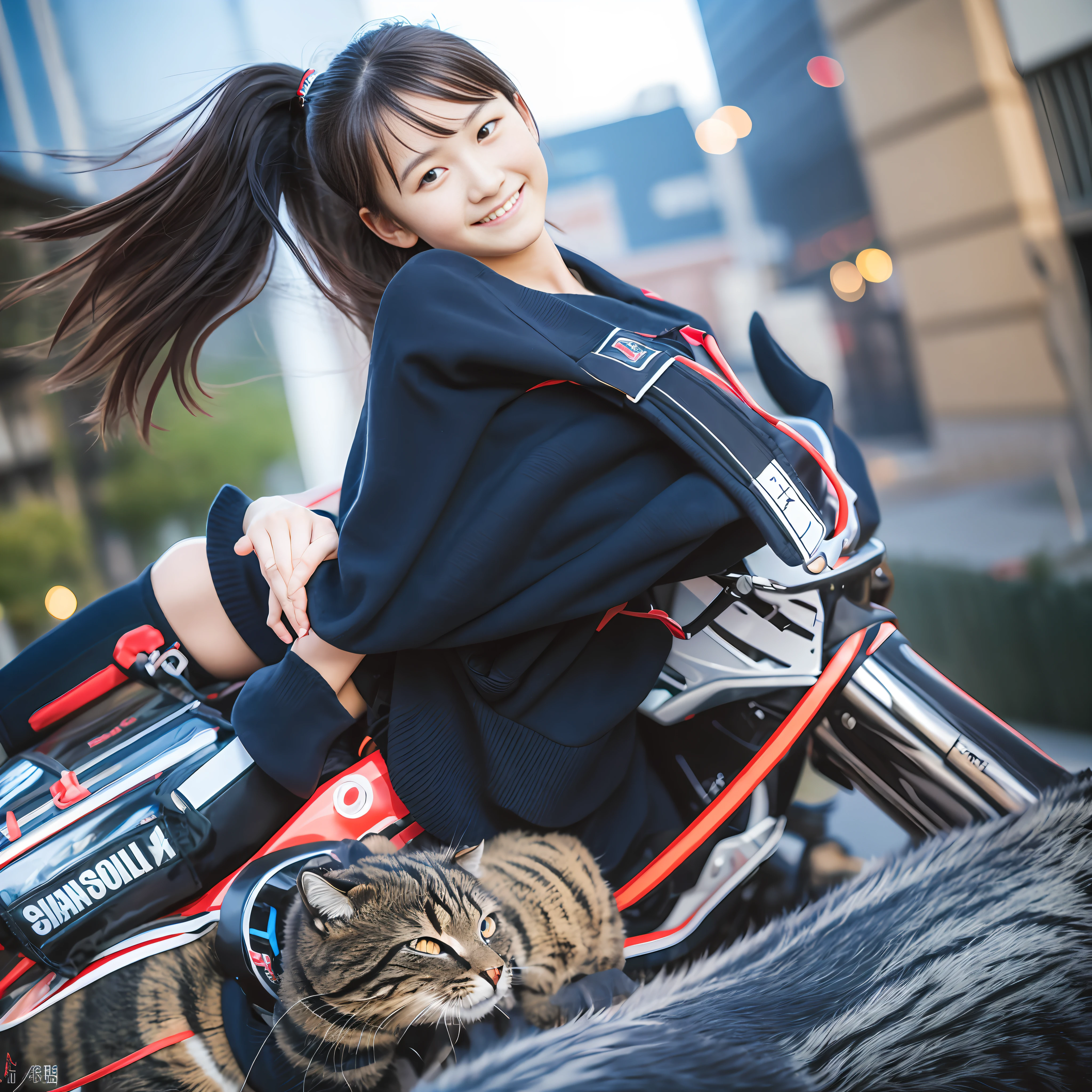 (8k, RAW photo, best quality, masterpiece:1.2), (realistic, photo-realistic:1.37),
Natural, ultra high res, Super Detail, Ultra Detailed,
Detailed Skin, Sharp Focus, bokeh, glossy texture, depth of field, shiny hair, shiny skin BREAK
1 girl, japanese, children, (14 yo:1.6), young, young girls, baby face, Smooth skin, Without Makeup,
black hair, black eyes, glowing eyes, large breasts BREAK
school uniform, (a girl riding on a giant cat:1.3),
city street, (smile:1.5), looking at viewer, upper body, face close up, strong wind BREAK
BREAK
