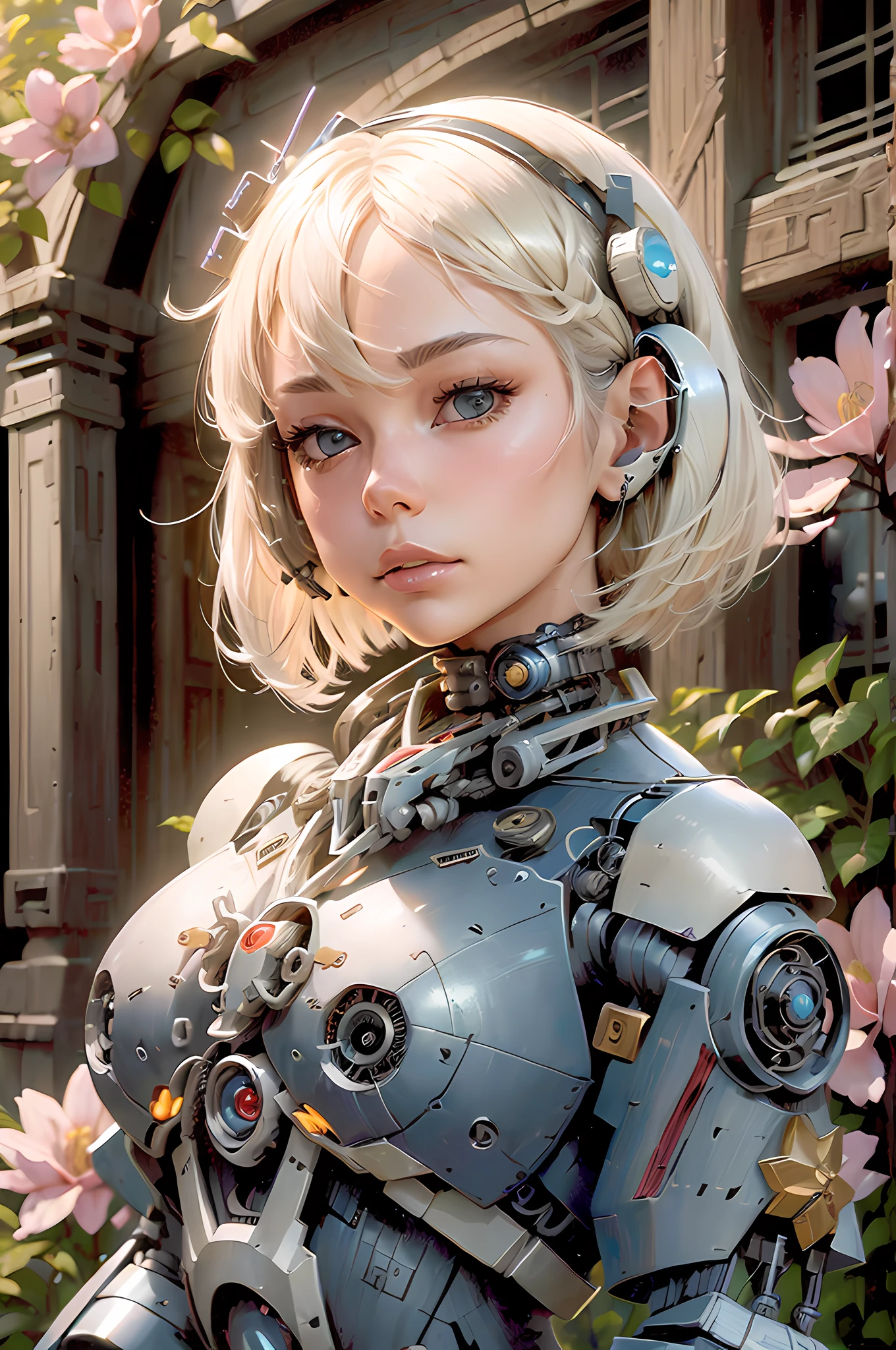 (reelmech:1.5), pretty 1girl, absurdres, 8k uhd, platinum blonde hair, bob cut, medium breasts, black tshirt, denim shorts, garden background, flowers, magnolias, apple tree, close up portrait