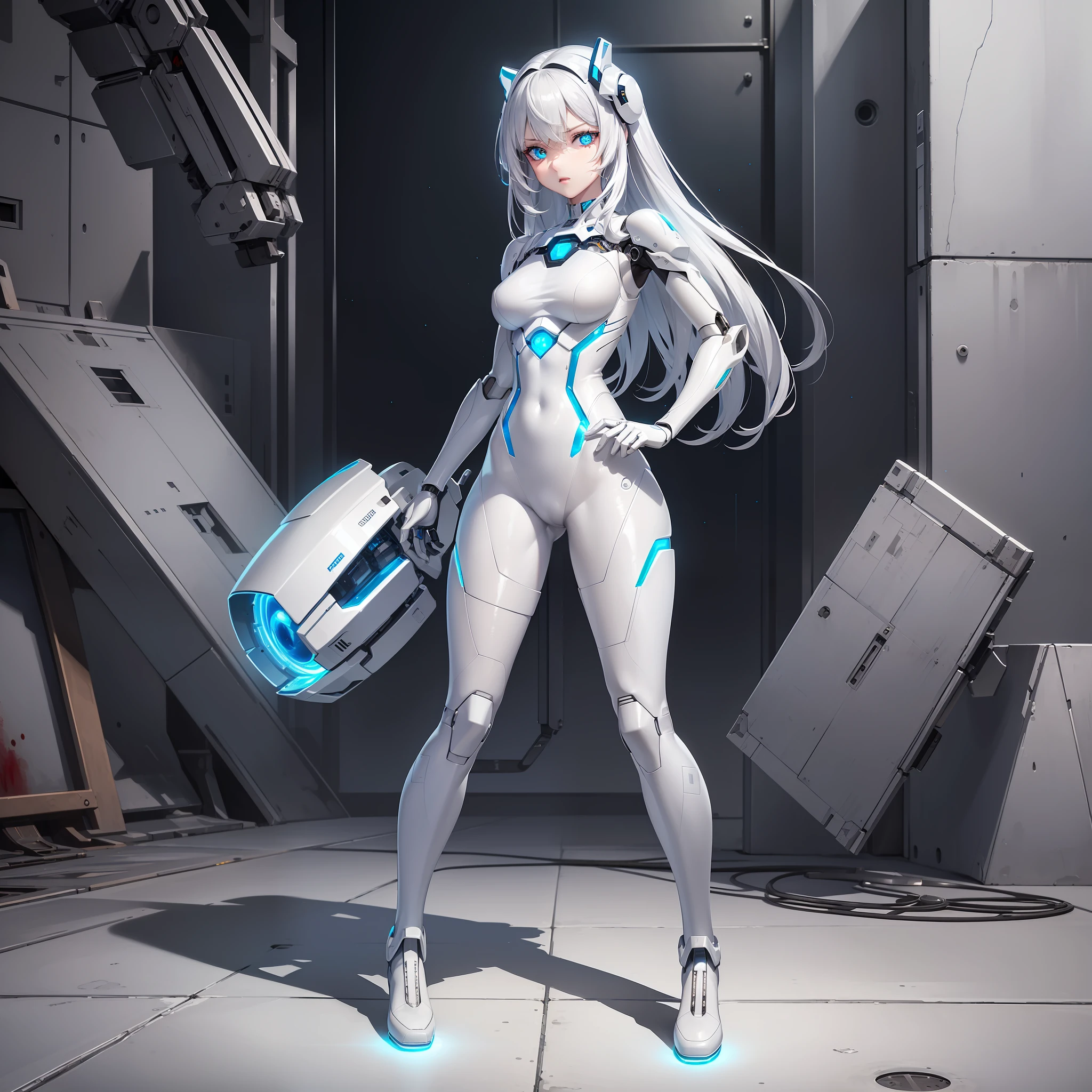 (foot), (standing), (full body), ((very detailed CG))), white jumpsuit, masterpiece, best quality, high resolution illustration, super detailed, high resolution, absurd, complex and refined details, 1 girl, mechanical suit, ((mixed)), beautiful and delicate hair, ( ((shortened)), (open arms to the audience))), open palm, mechanical head gear robot girl, ((glare eyes)), looking at the audience, ((glowing eyes)), High detail beautiful eyes, deepblue_eyes, ((((Network mechanical eyes: 0.9))), (looking at the audience), pale skin, parted lips, shiny hair, (blood on face), cold face, cold attitude, gray hair, empty eyes, sparkling, robotic arm, container, cracked body, metallic texture, (damaged laboratory), white_theme, scattered blue particles, no feelings, cracked face, cold face, white pantyhose, boots ,
