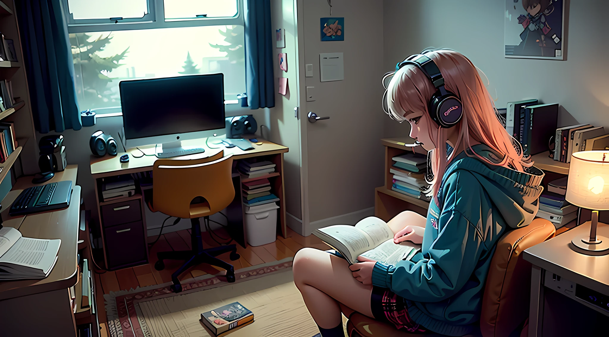 girl with headphones sitting on the bed in her room playing video games on the big television, teen room with books, big window in the room, dark night environment, dark room, lo-fi illustration style, game room, studying in the bedroom, style anime lofi study chibli