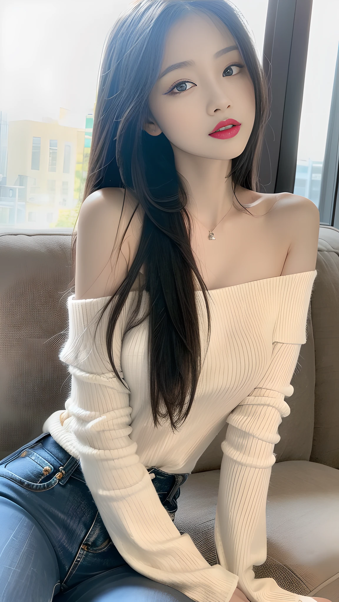 ((Best quality, 8K, Masterpiece:1.3)), A beautiful girl, pure, melon face, gentle and cute, thin figure, (frontal), (tilted head), looking directly at the camera, (loose and thin off-the-shoulder long-sleeved shirt, straight pants), black silky long straight hair, long hair flowing over the shoulders, round black big eyes, clear big eyes, moist red lips, sweet, sitting on the sofa, window sill background,