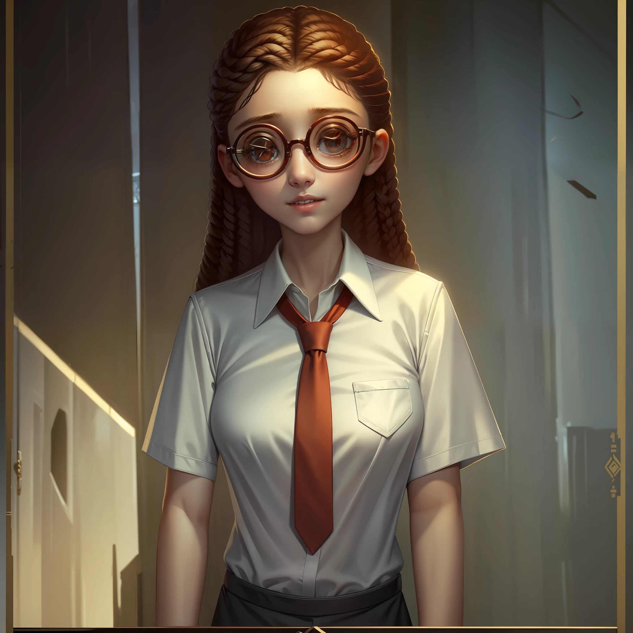 masterpiece, high quality, young girl, white shirt, glasses, red tie, front teeth out, facing forward, looking at camera, full body, center of screen