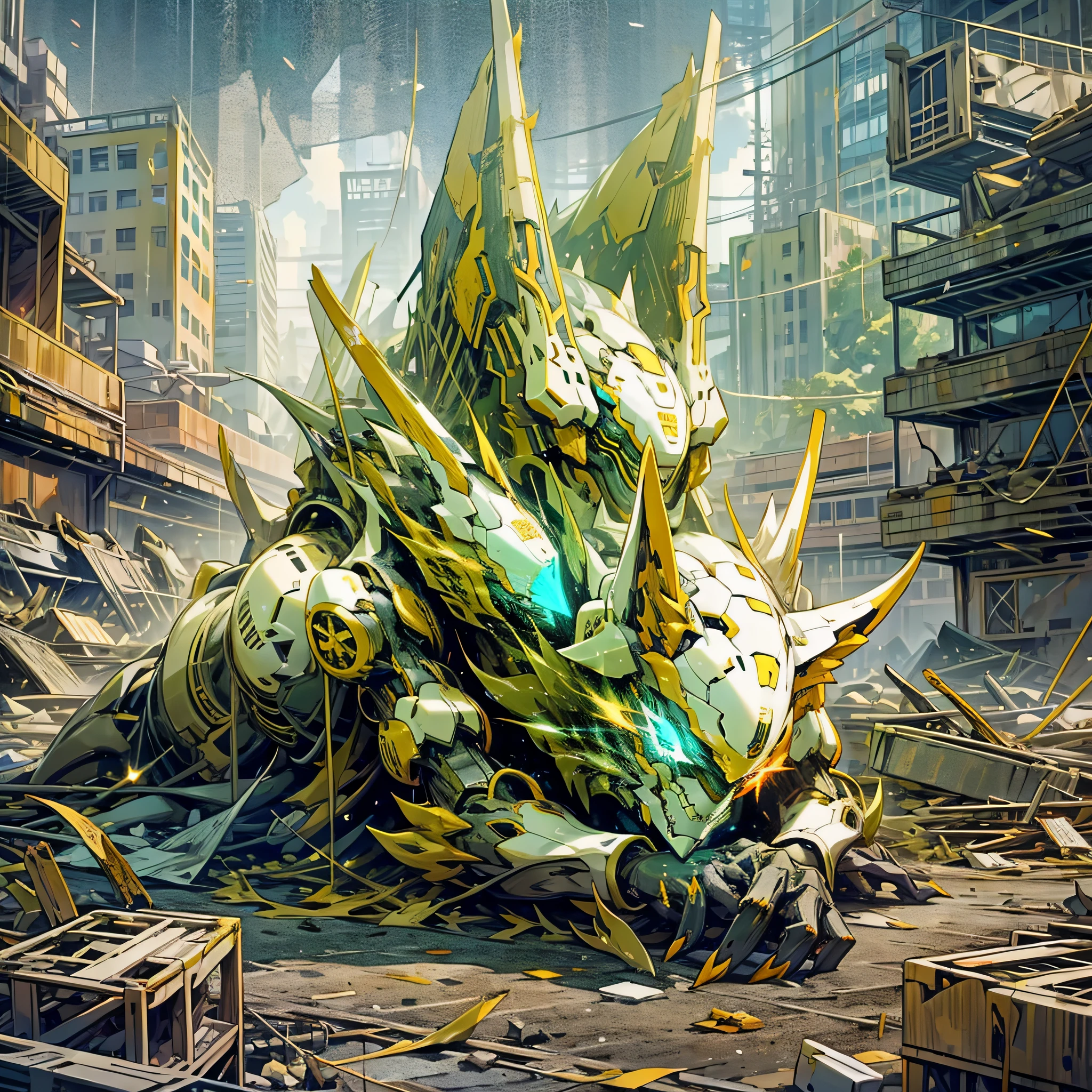 Mecha with the head of a fox,, 2 claws, broken, lying on the ground, in a destroyed city, white color, lights out --auto --s2