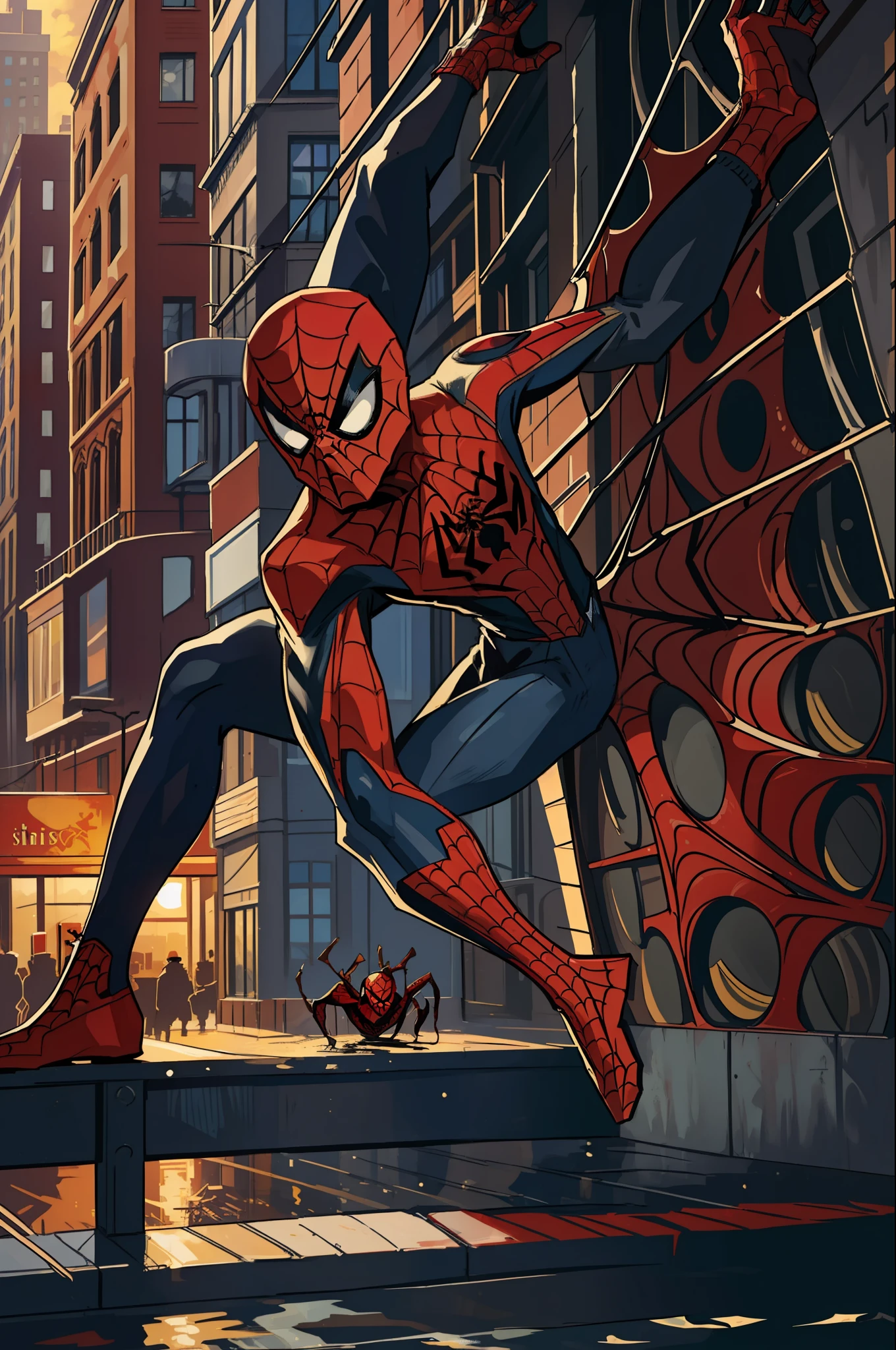 (masterpiece, best quality), intricate details, 8k, artstation, wallpaper, official art, splash art, sharp focus,
Boy, spider man drawing, short hair, brown eyes s, brown hair
spider suit, spider web printing, spider web,
skyscrapers, city, buildings, cars, street,