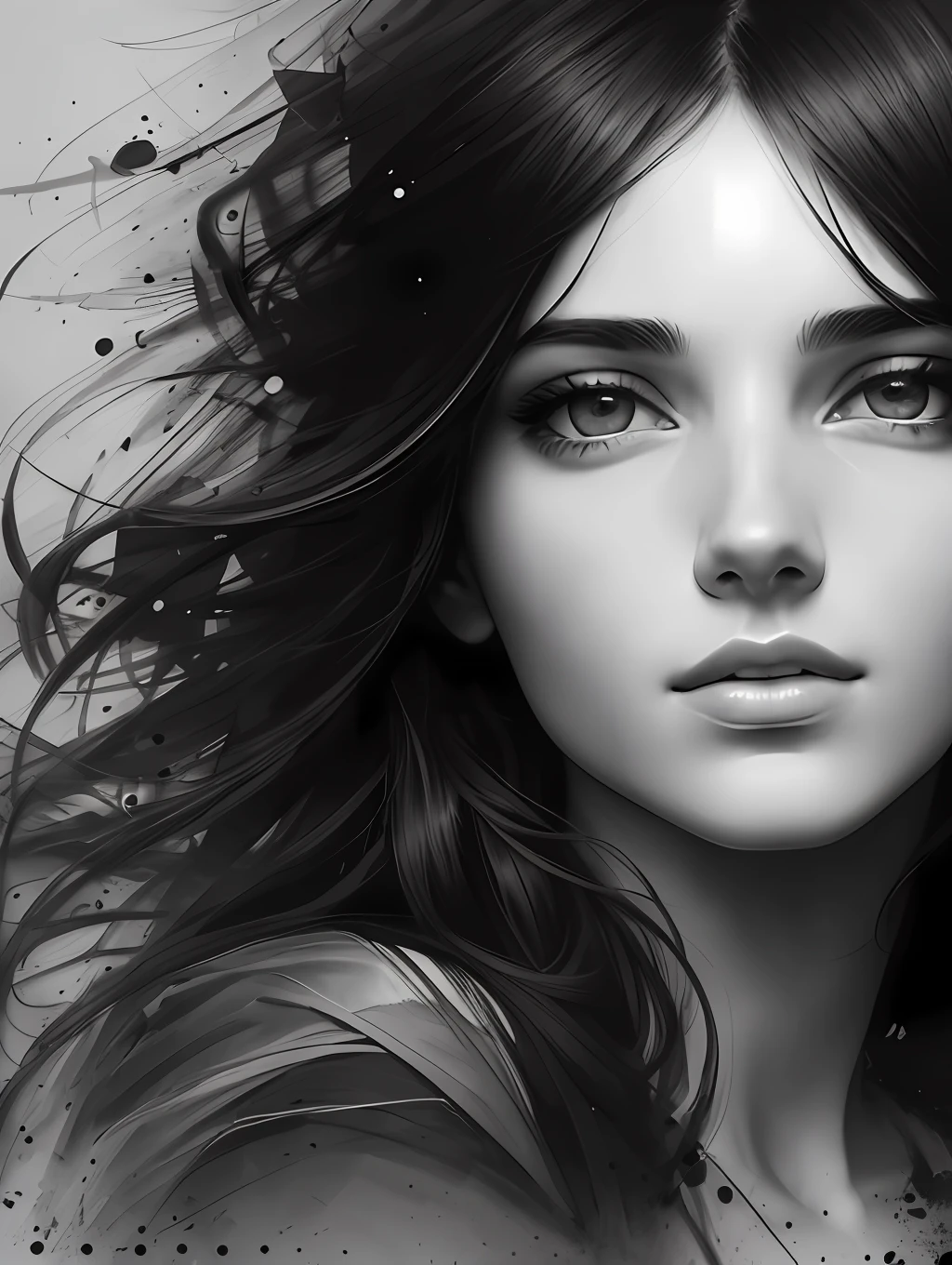 A black and white portrait of a beautiful young woman, with long windy hair, in the style of Mark Demsteader